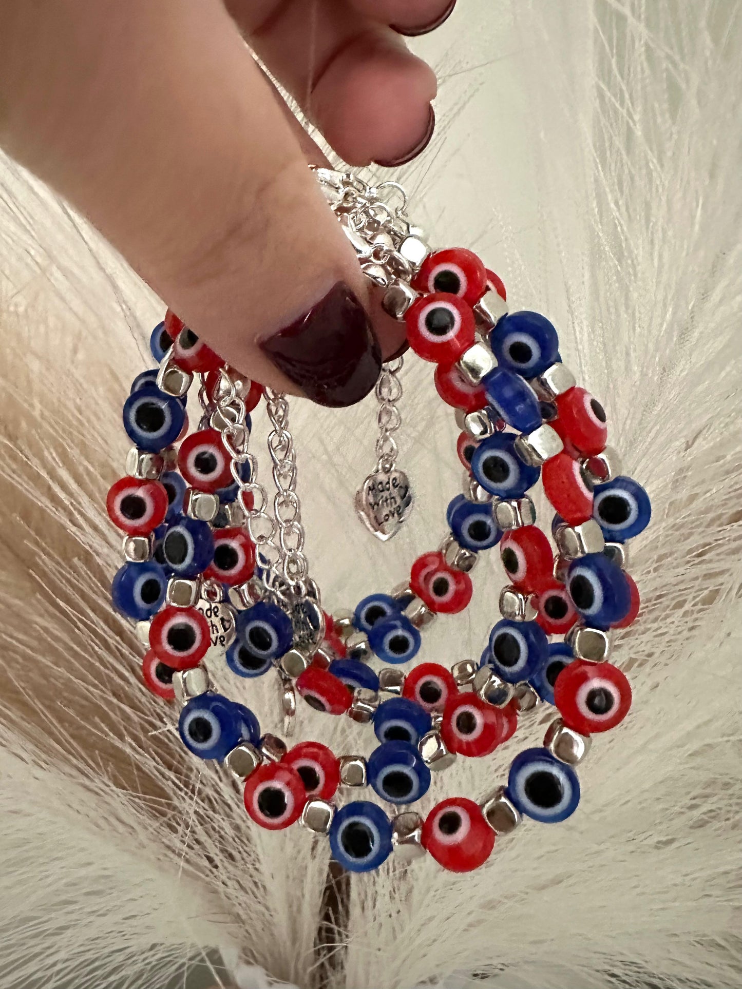 Colorful protective evil eye handmade bracelet with silver cube beads and stainless steel clasp