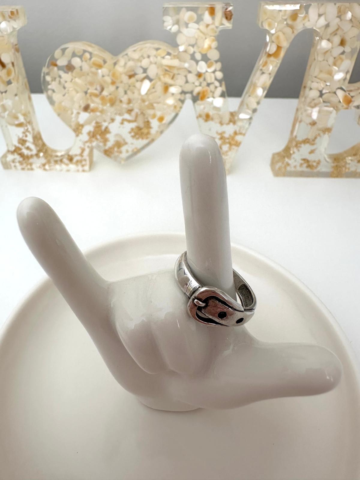 Timeless sterling silver buckle ring with polished finish and adjustable band