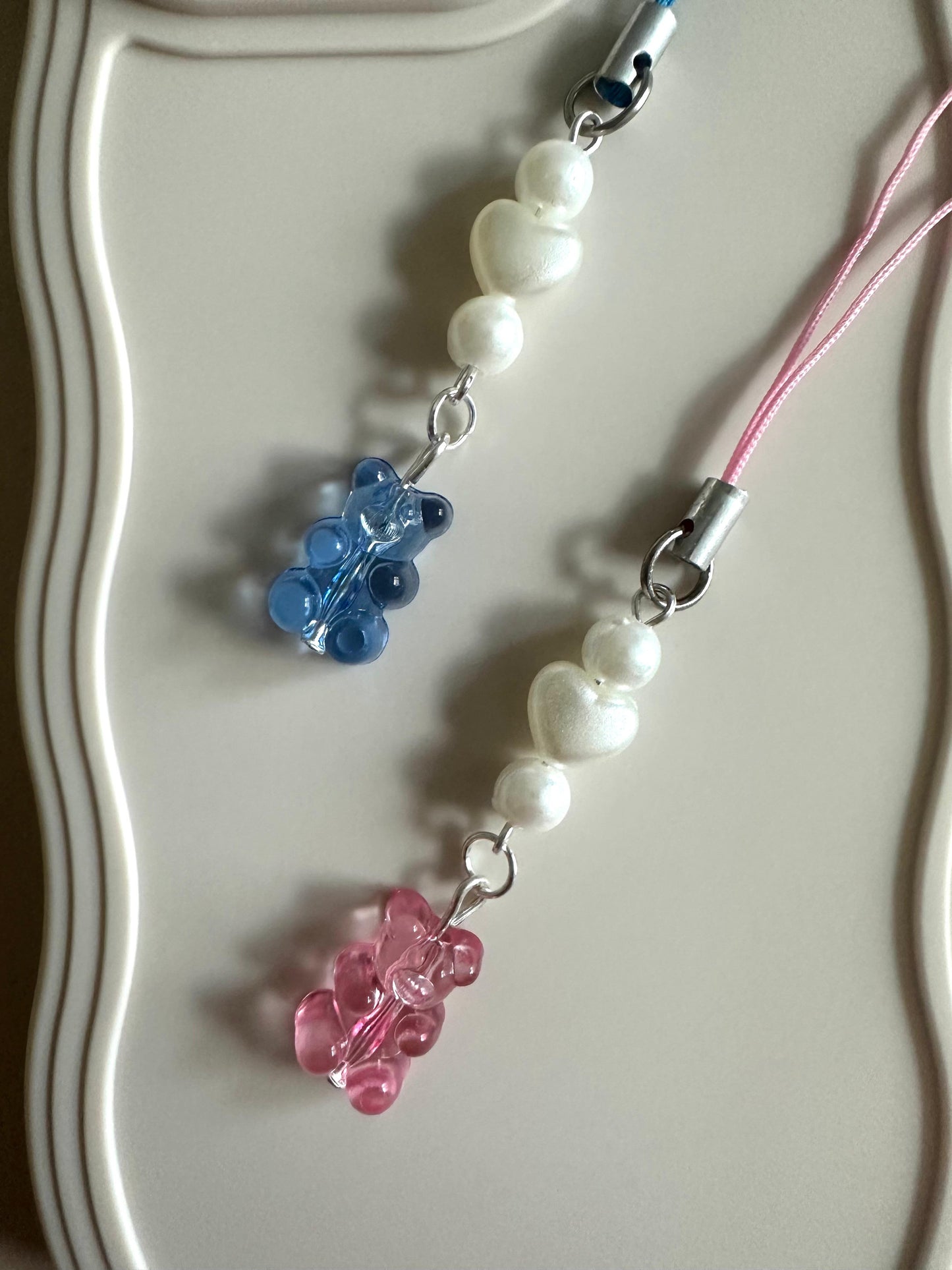 Handmade BEAR HEART DREAM phone charm with customizable blue or pink bear design and high-quality beads