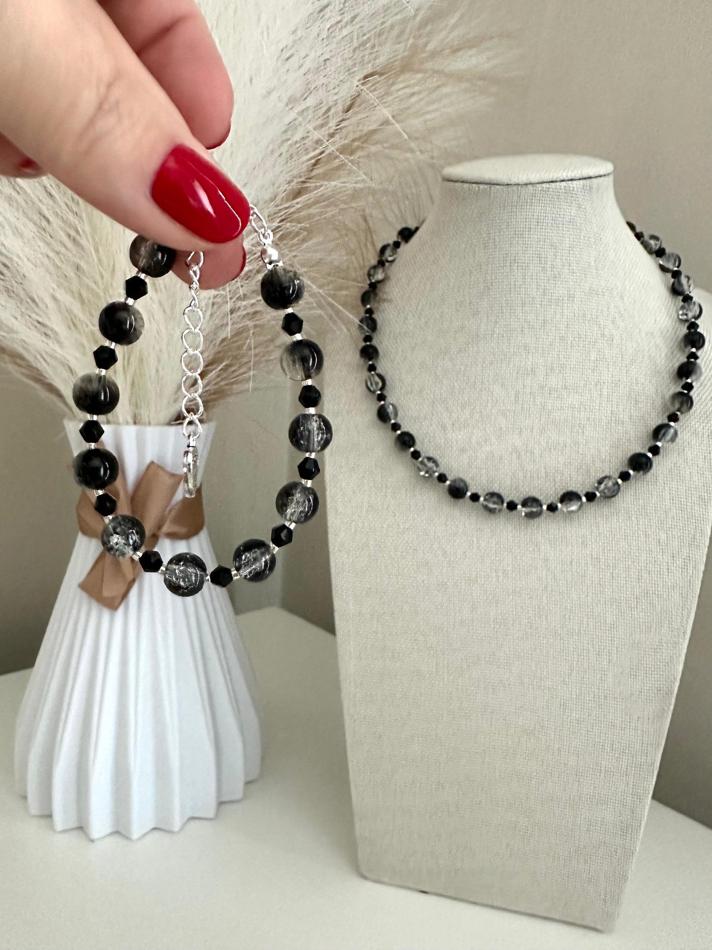 Handmade MIDNIGHT DREAM necklace with black glass and silver beads for elegant style