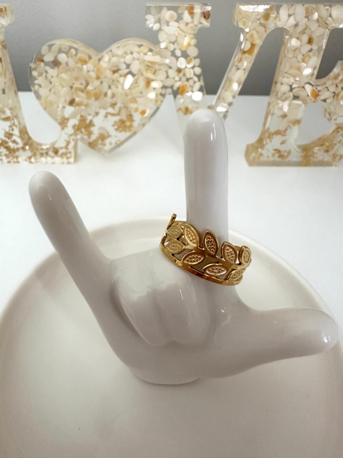 Adjustable gold-plated stainless steel ring with laurel leaf design and openwork pattern