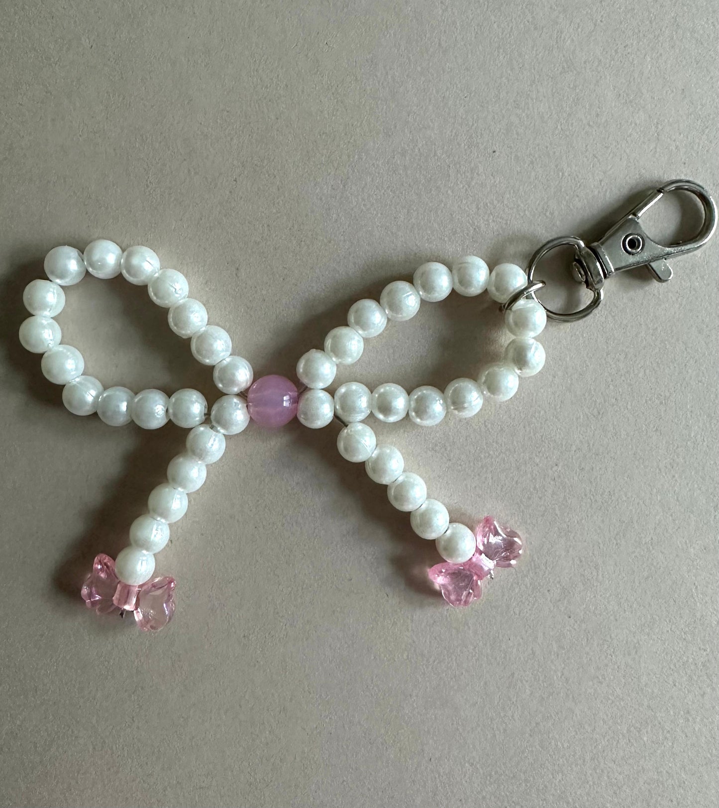 Handmade BLUSH PEARL BOW Silver Keychain