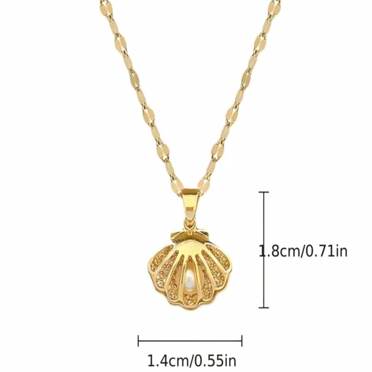 Delicate stainless steel seashell necklace with 39 cm chain and extender, waterproof and tarnish resistant design