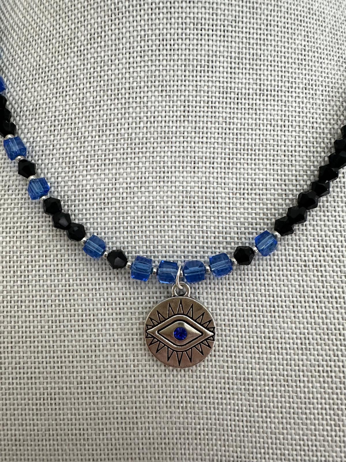 Handmade MICHELLE necklace with black and indigo crystal beads and silver accents