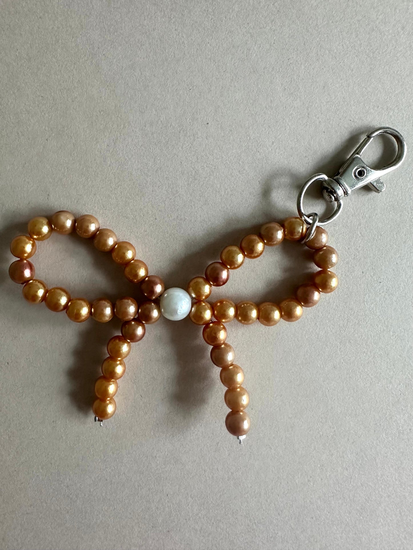 Handmade BRONZE PEARL BOW Silver Keychain