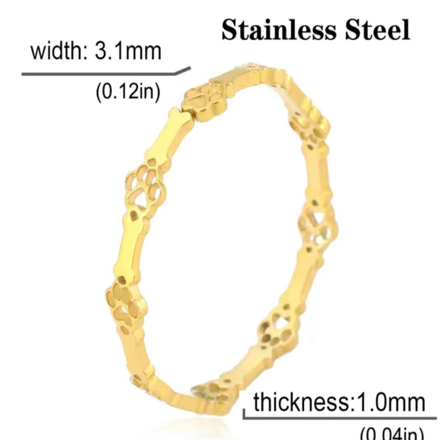Adjustable stainless steel ring with paw print and bone design in gold and silver finishes