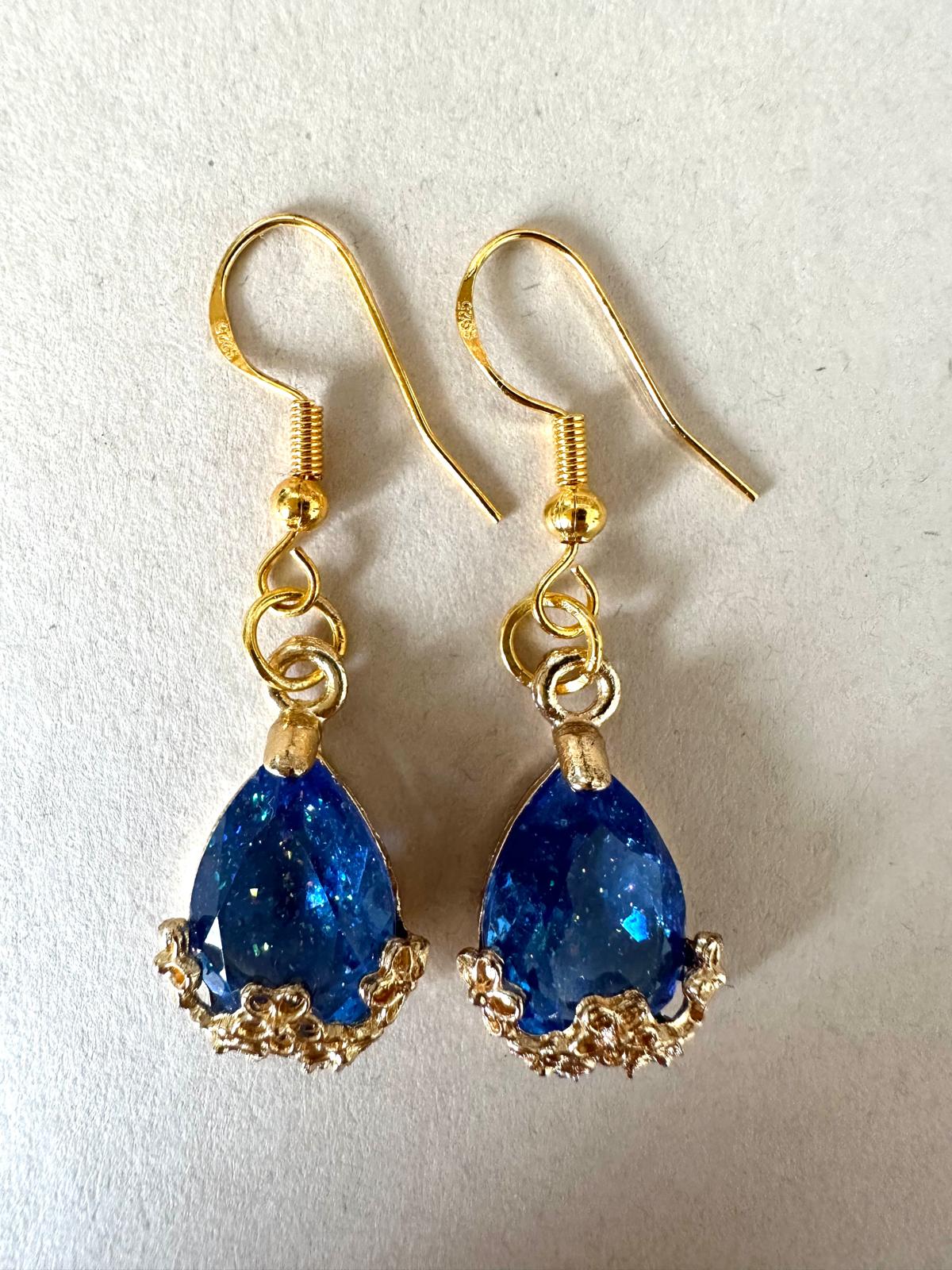 Handmade golden teardrop earrings with faceted crystal and 18K gold-plated hooks