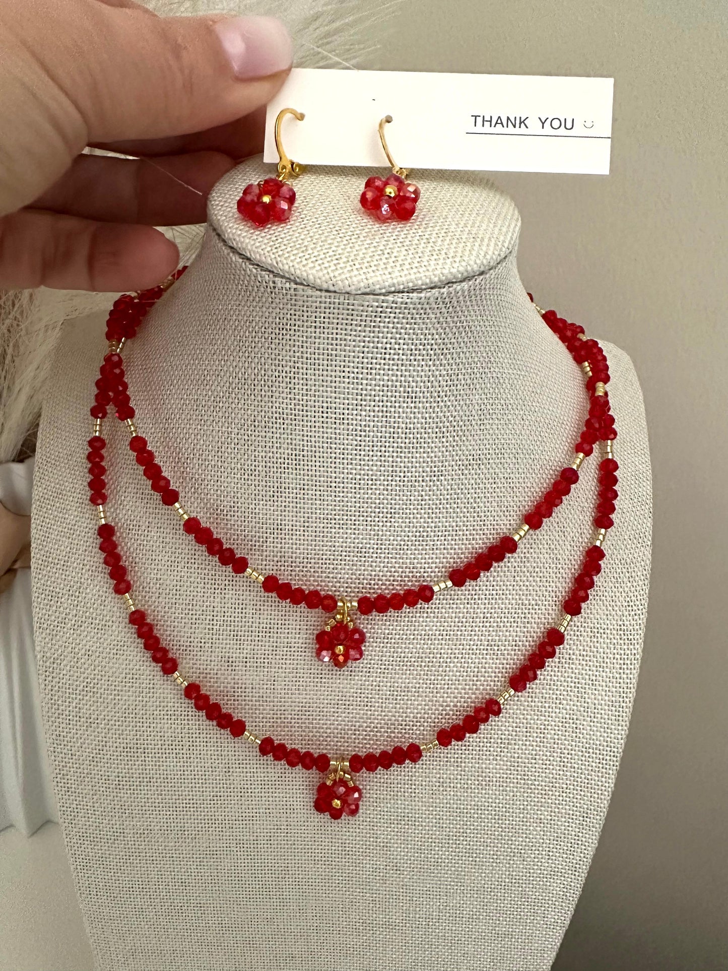 RED GLOW golden earrings with red crystal and gold beads on 18K gold-plated hooks