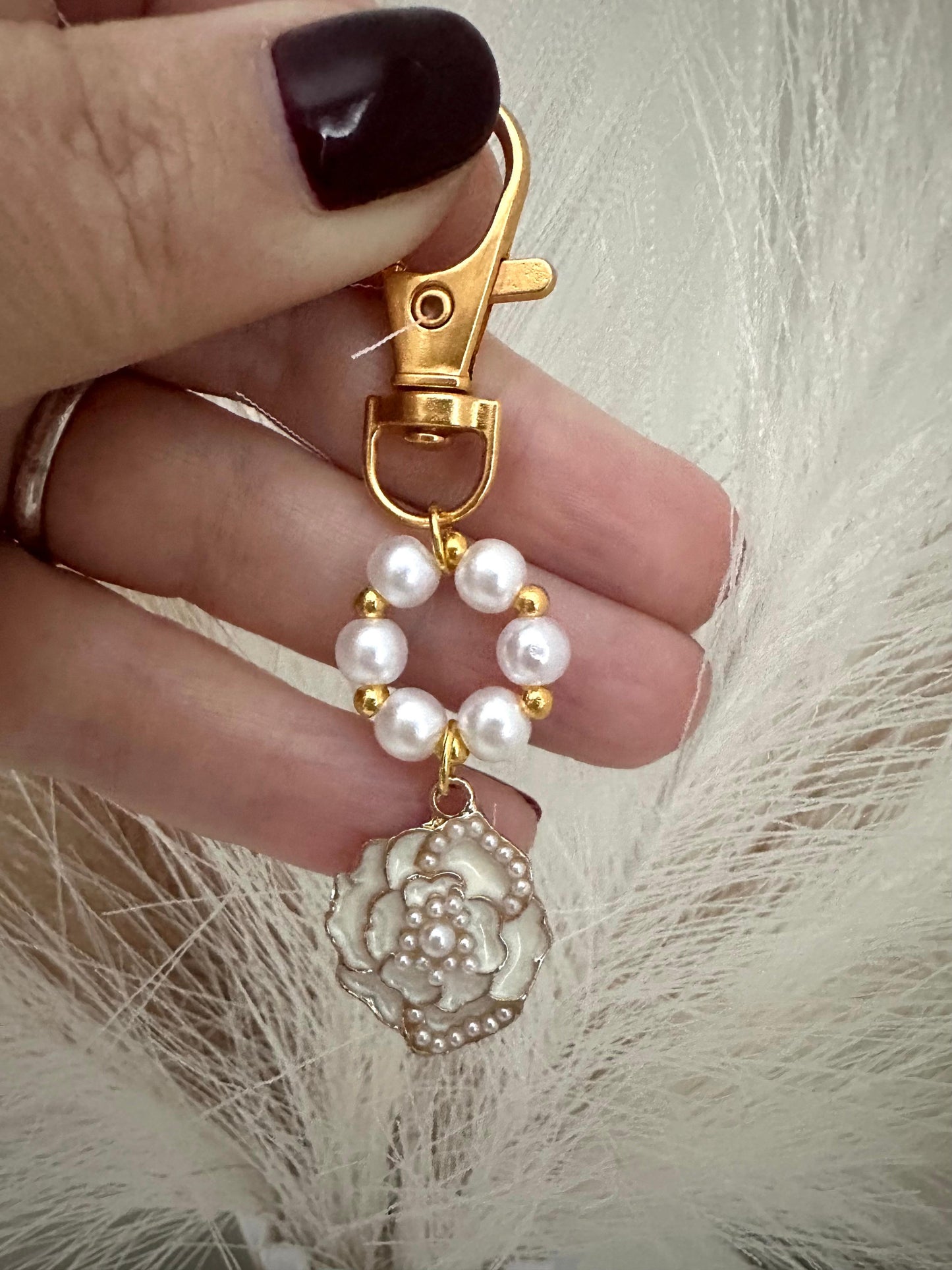 Handmade FLOWER PEARL Golden Keychain