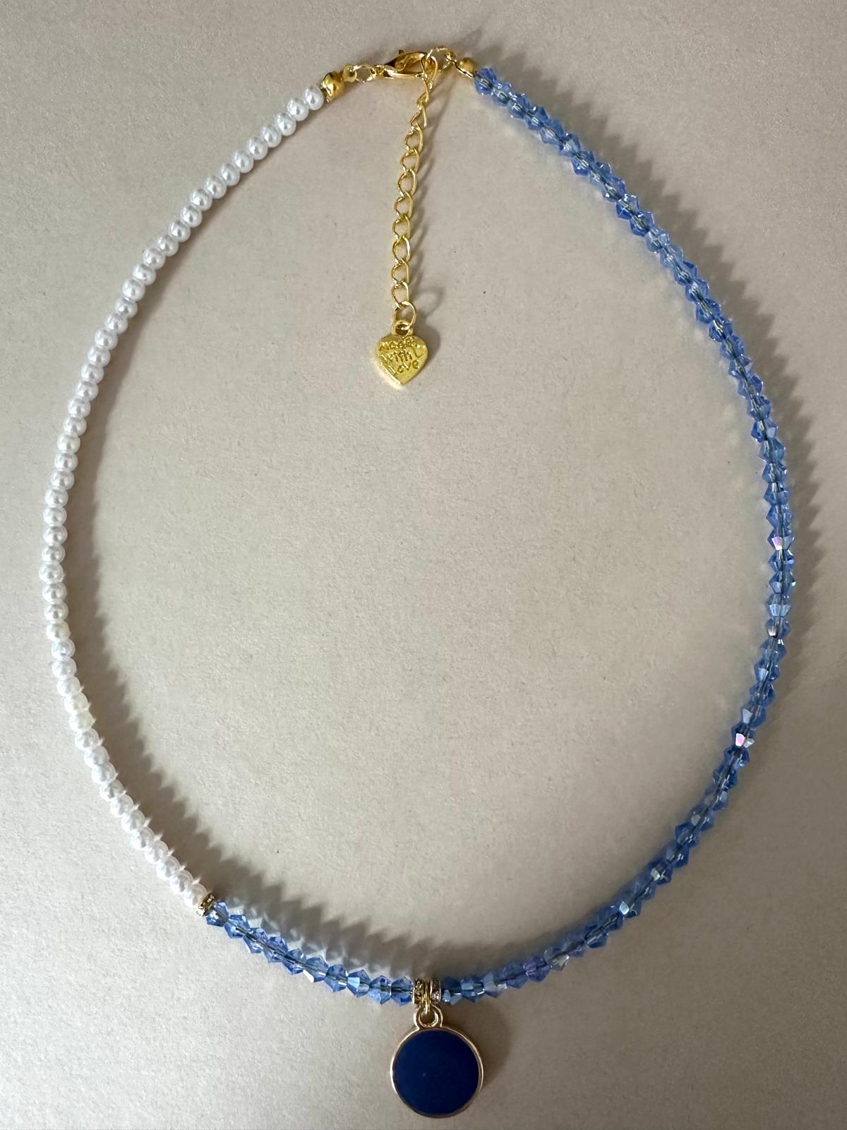 ALICE handmade pearl necklace with blue crystal beads and gold accents on gold-plated chain