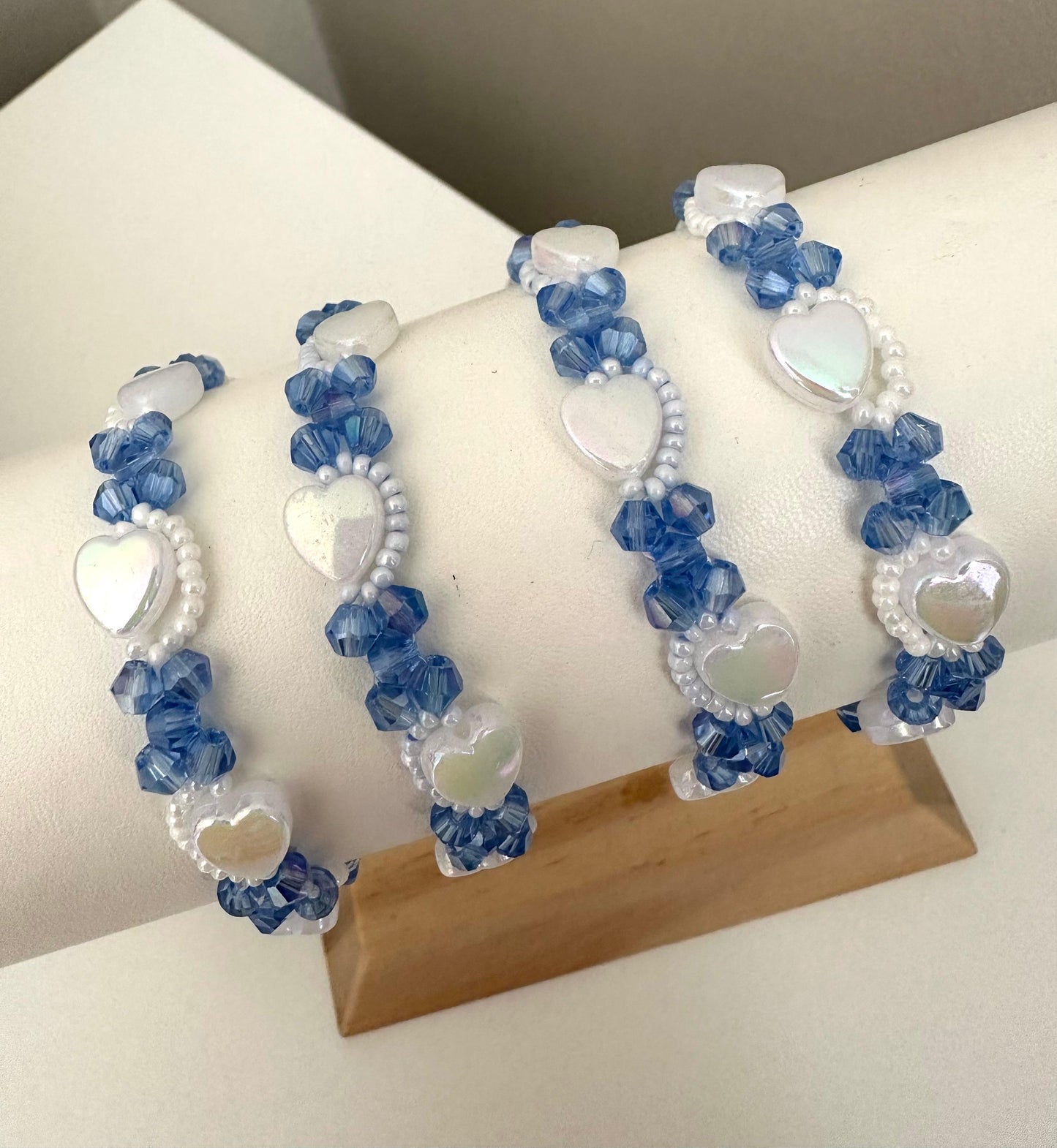PURE HEART handmade bracelet with blue and white glass beads and heart-shaped charm