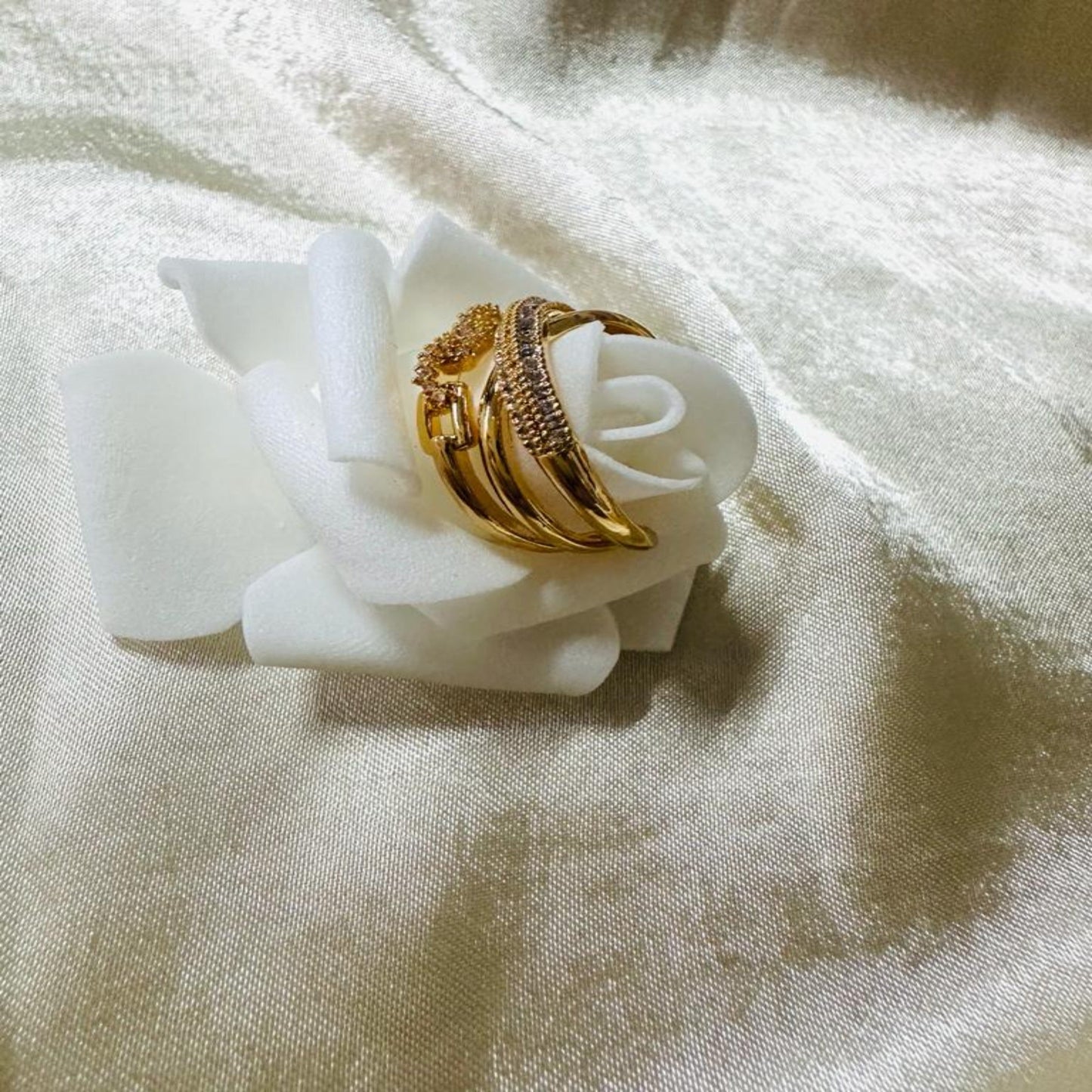 Glamour in Threes - Gold Stainless Steel Ring Trio with Shimmering Gems