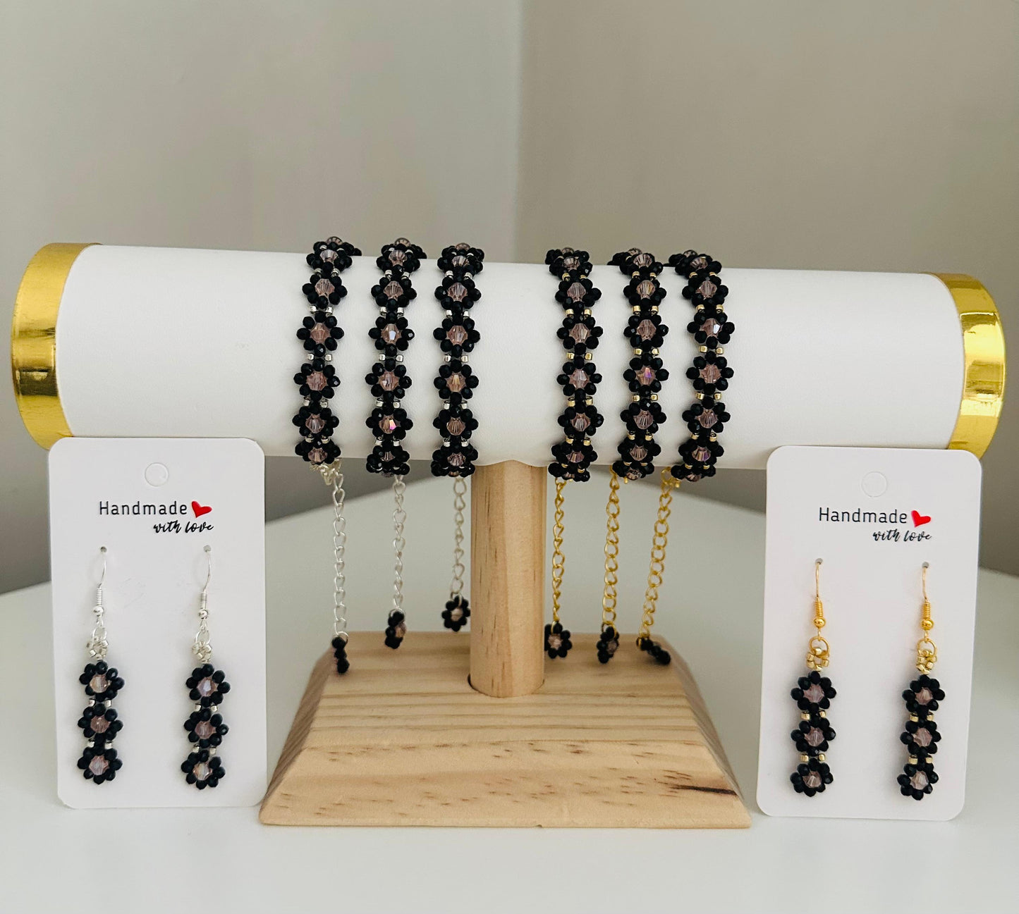 Elegant DARK FLORAL earrings with black and pink glass beads, available in gold or silver finish