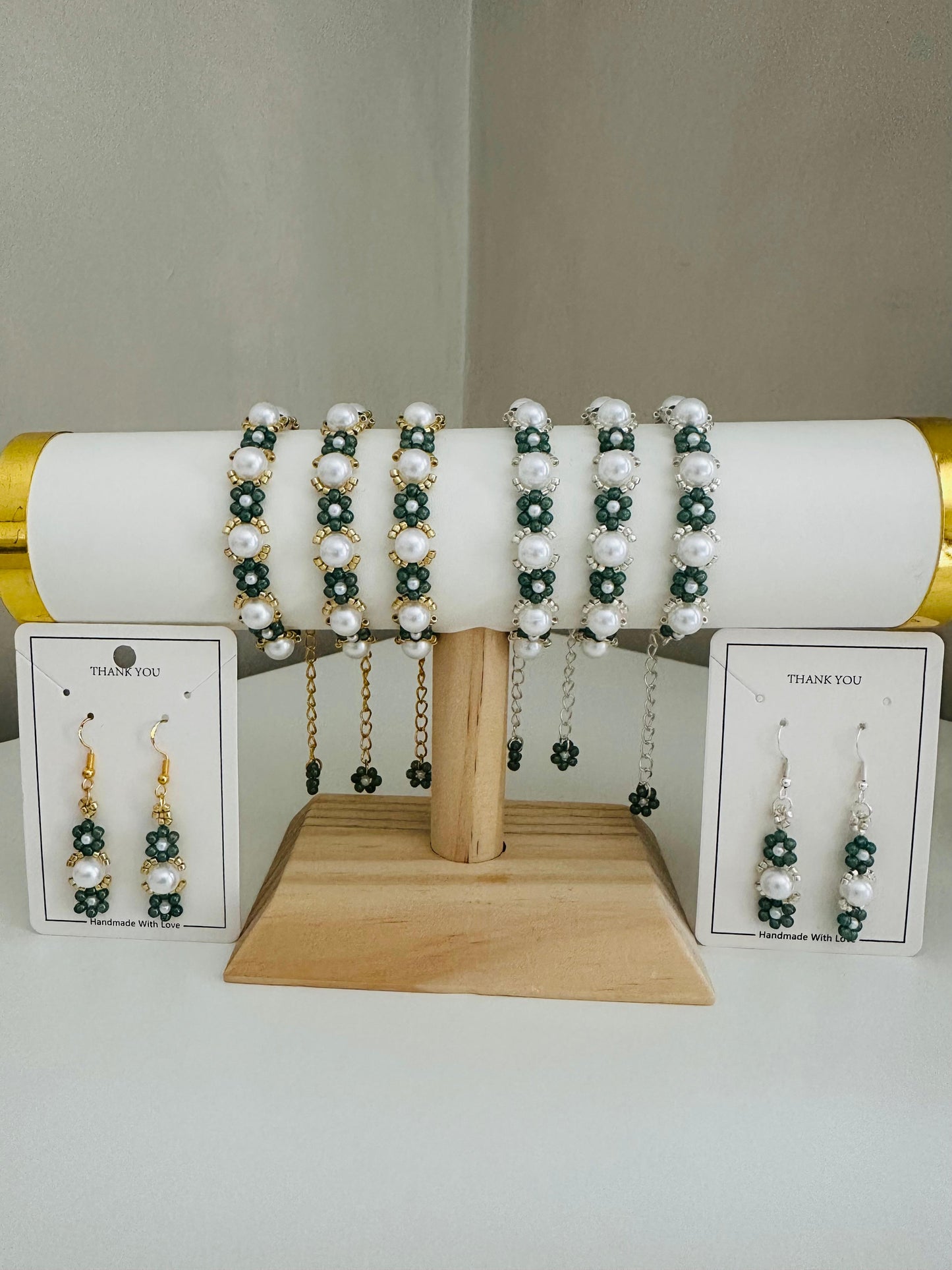 Mystic Garden Pearl earrings in gold and silver with green beads and white pearls