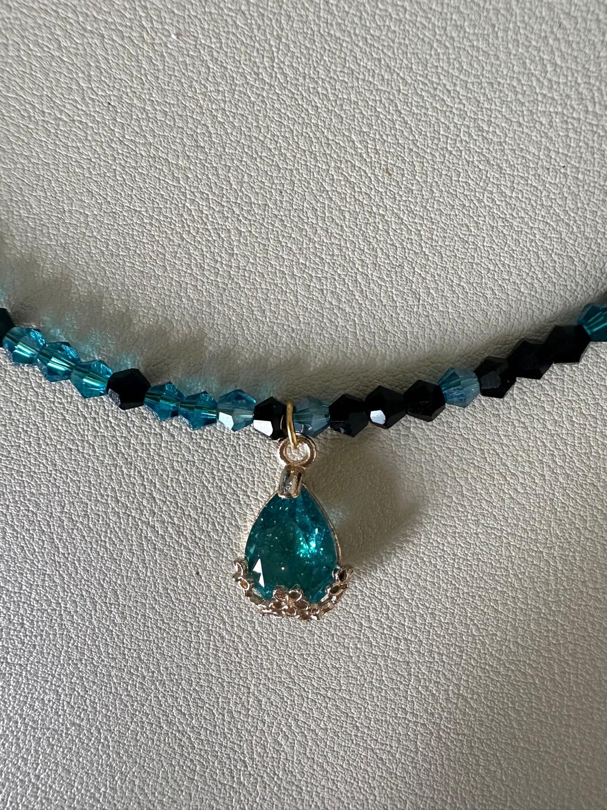 Handmade AIMEE necklace with turquoise and black crystal beads and gold teardrop pendant