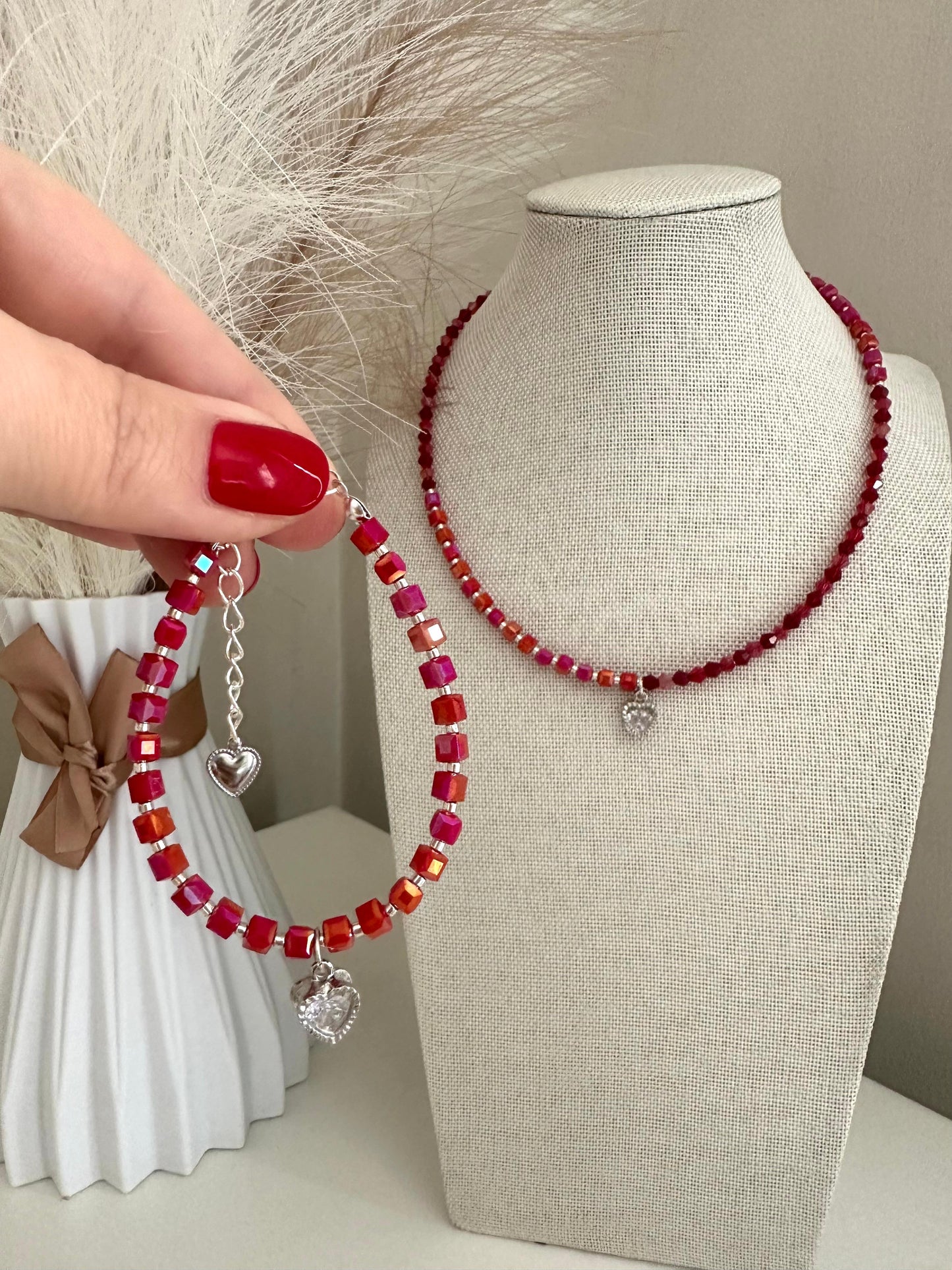 Radiant Love handmade necklace with red crystal beads and silver heart pendant