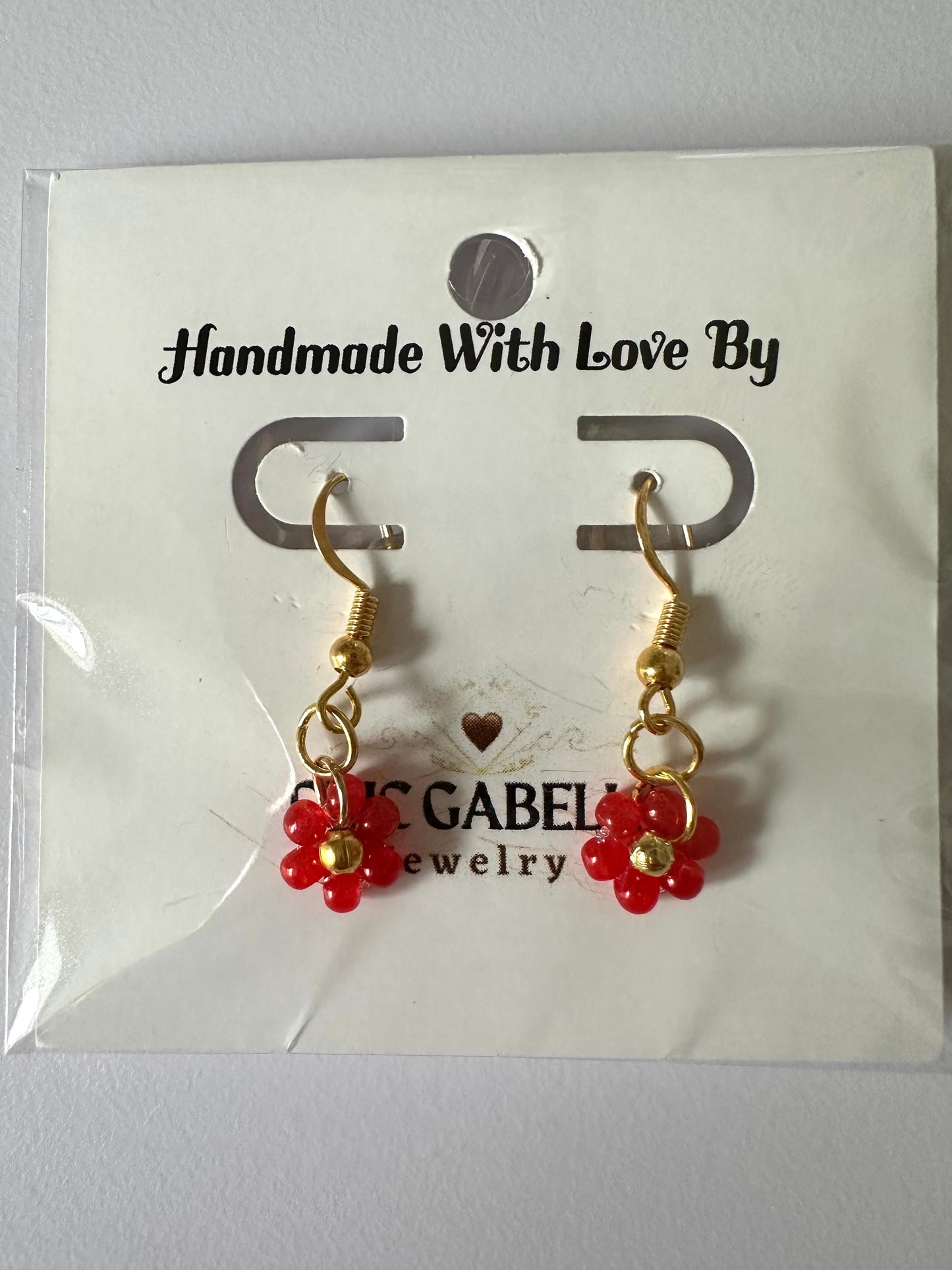 Handmade flower blossom earrings with faceted crystal beads and gold-tone accents
