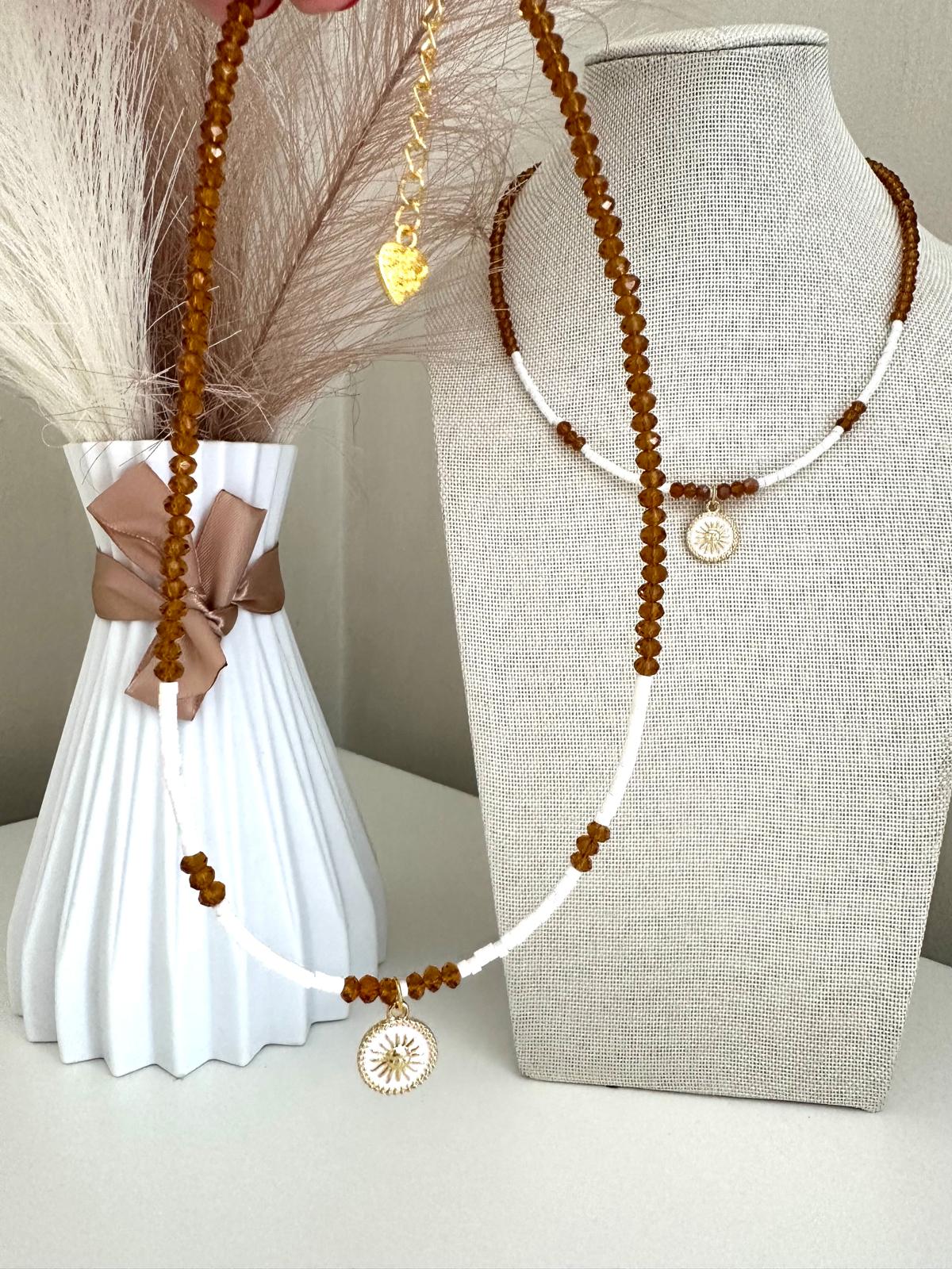 Handmade COCOA DREAM necklace with brown crystal beads and 18K gold plated chain