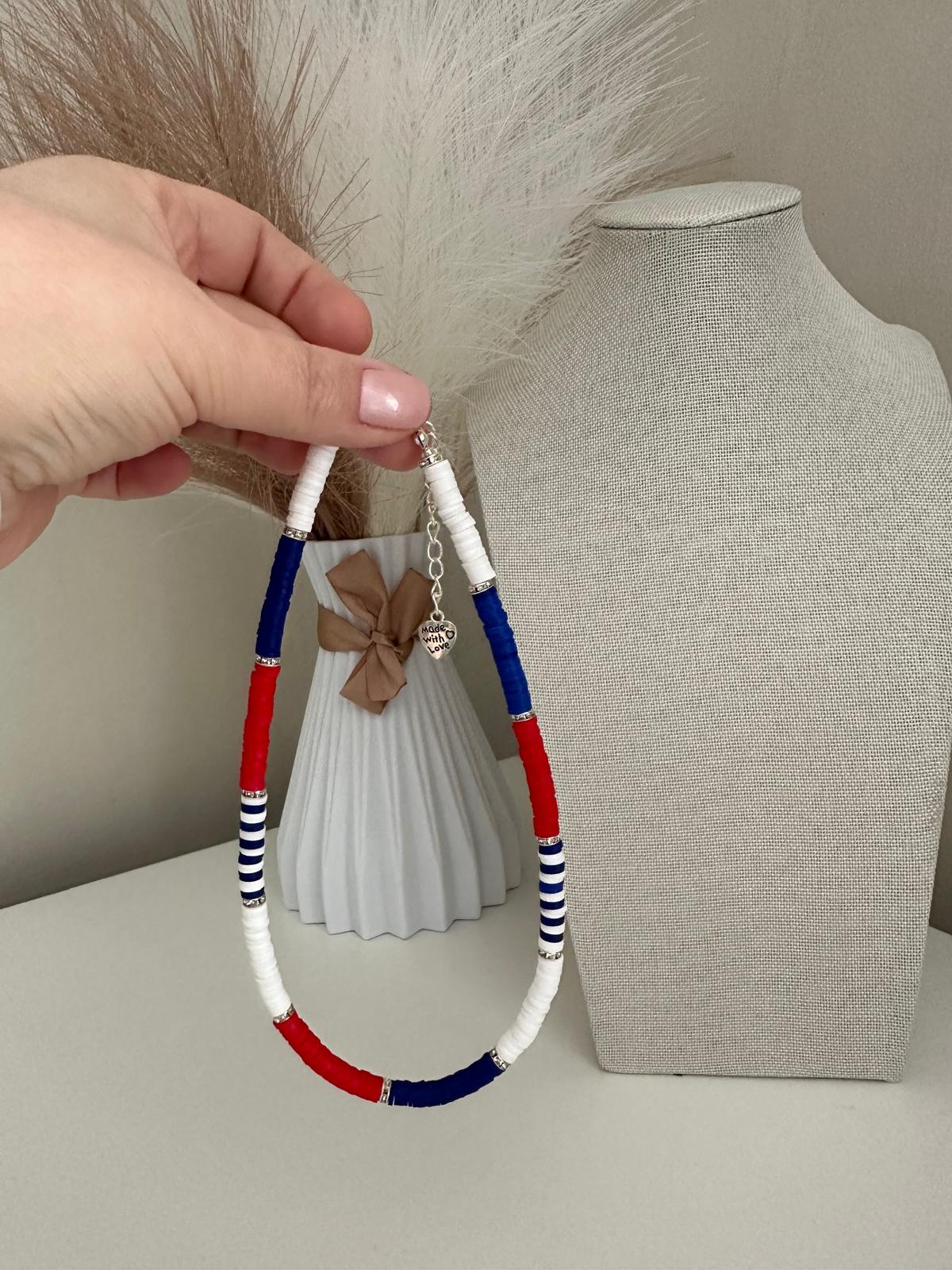 Handmade SIMPLICITY necklace with white, blue, red polymer clay and silver beads on nylon string