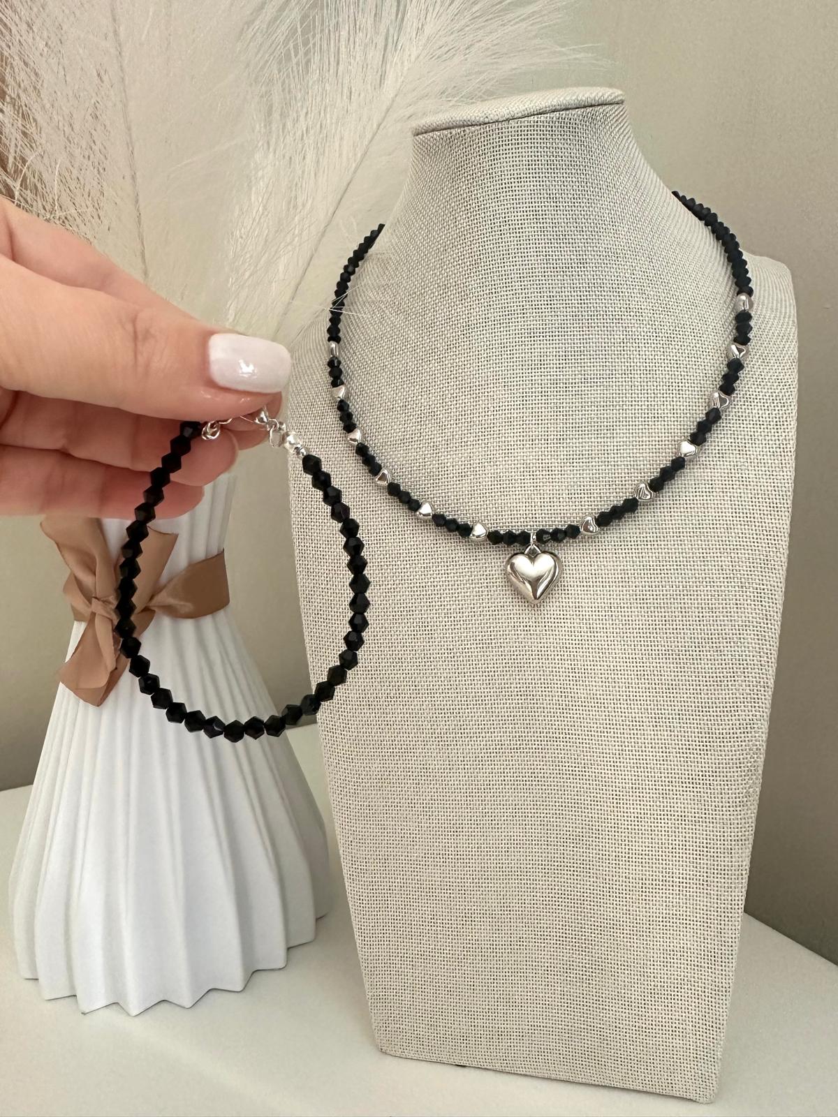 Handmade MIDNIGHT HEART necklace with black crystal and silver heart beads on nylon string