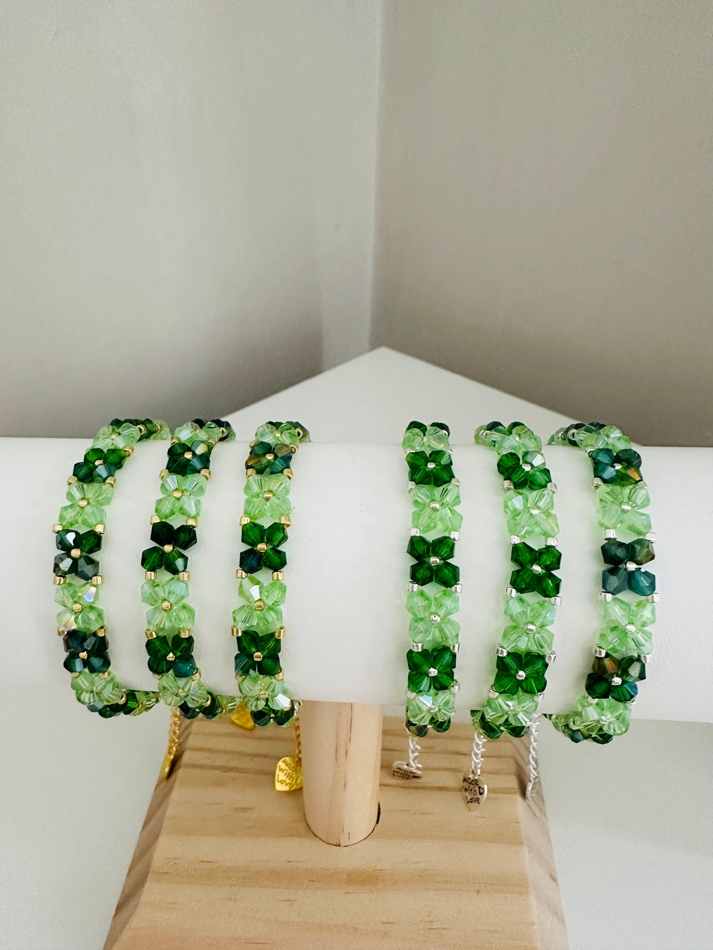 Handmade GREEN HARMONY bracelet with green crystal beads and gold or silver Miyuki accents