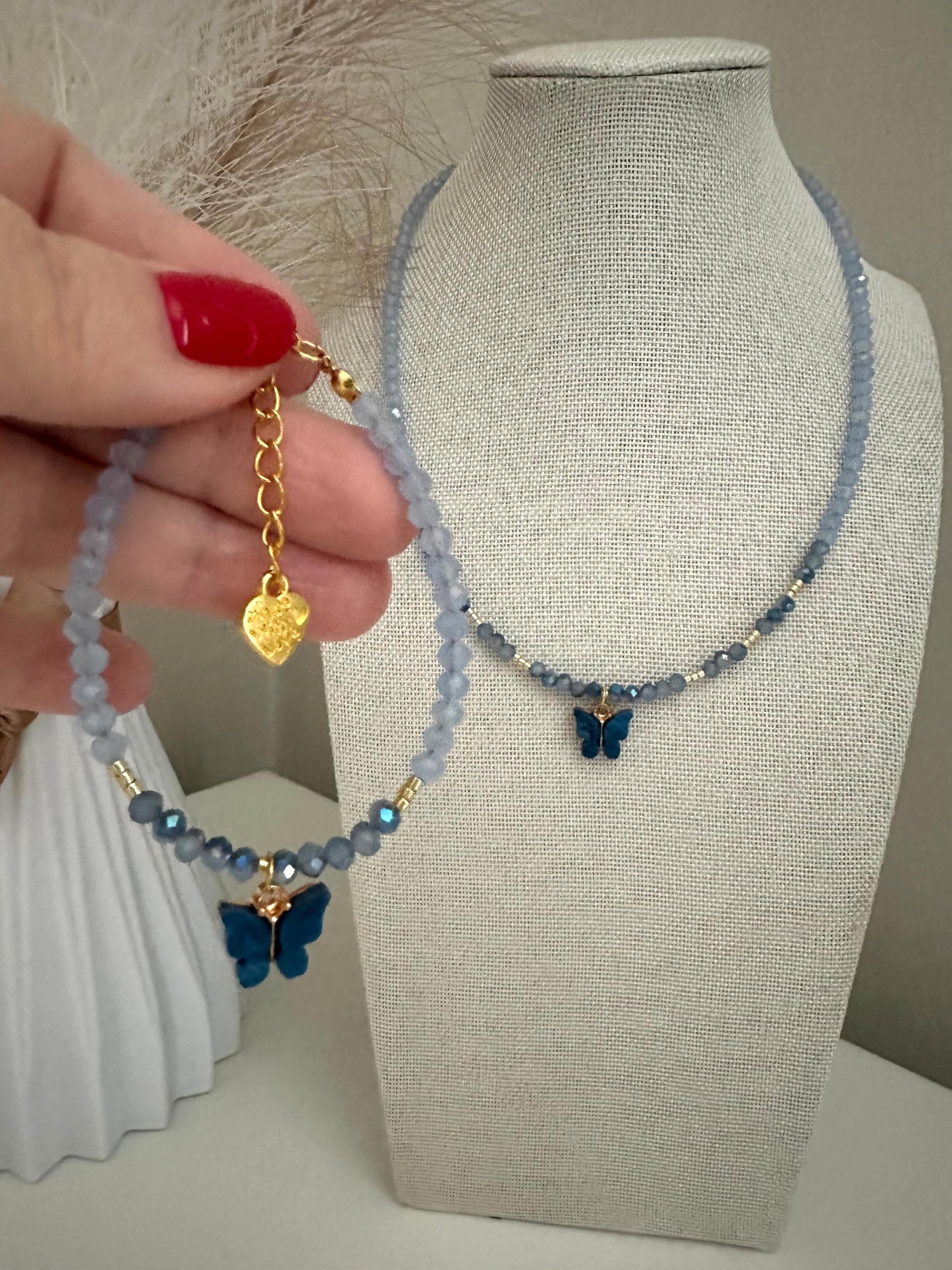 Handmade SKY DANCER BUTTERFLY necklace with blue glass and golden Miyuki beads, 18K gold-plated chain, elegant butterfly pendant