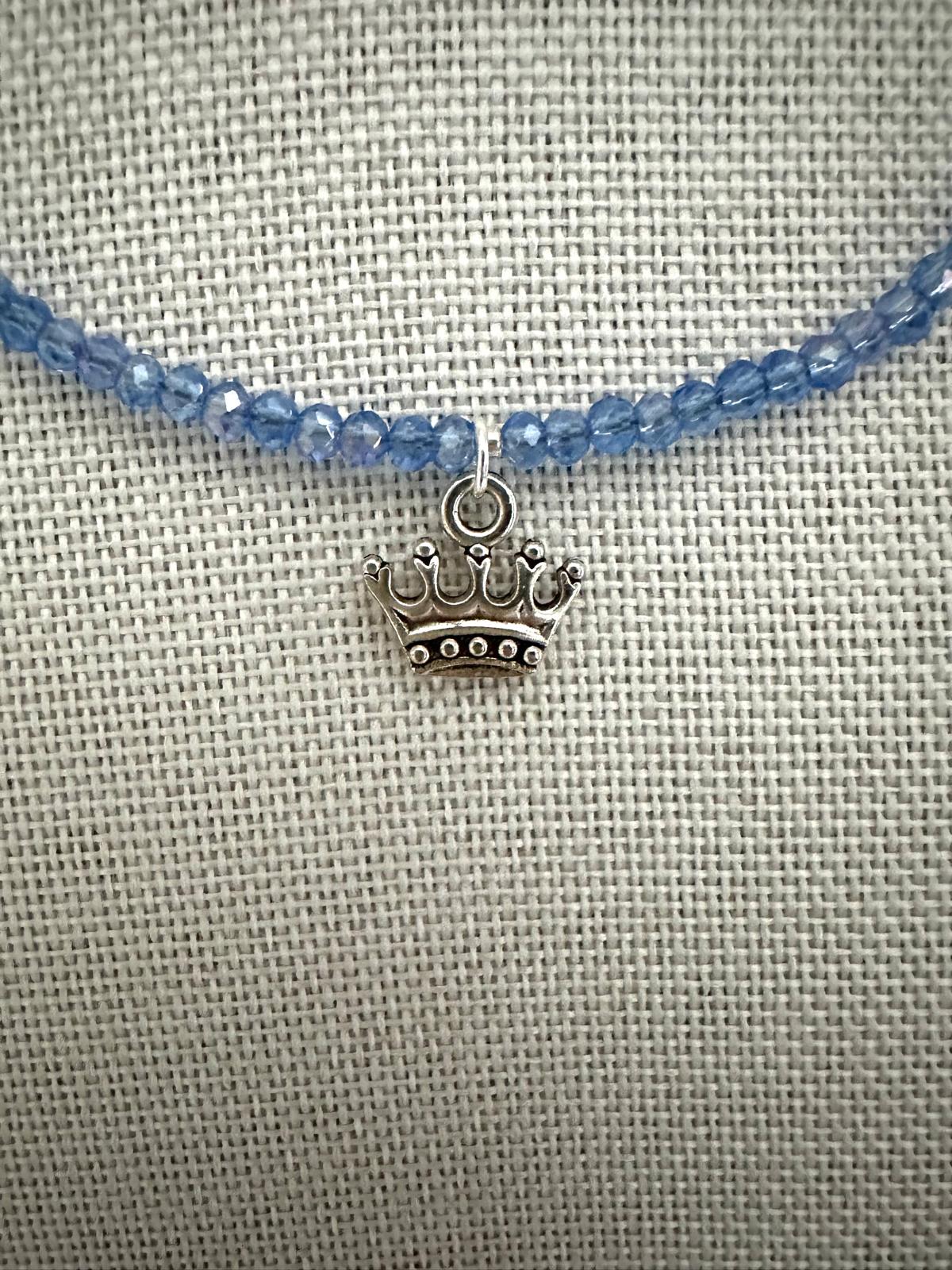 Handmade DREAM necklace with blue crystal beads and silver crown pendant on nylon string