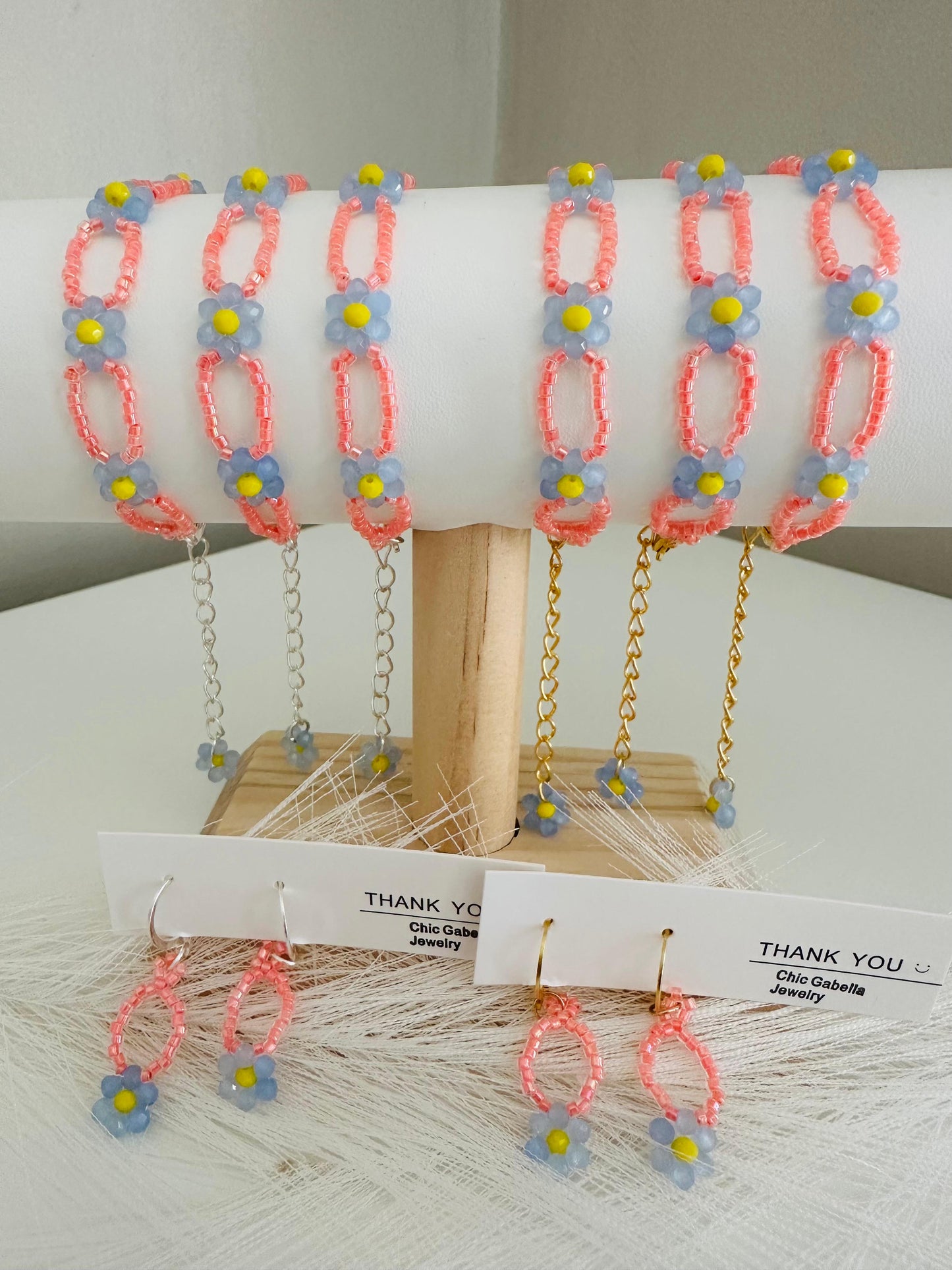 CORAL BLOOM handmade earrings with blue, yellow, and coral beads in gold and silver options