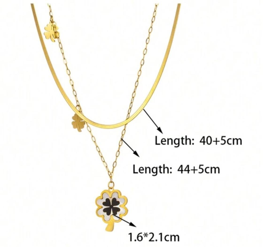 Double layered stainless steel necklace with four leaf clover pendant and gold plating