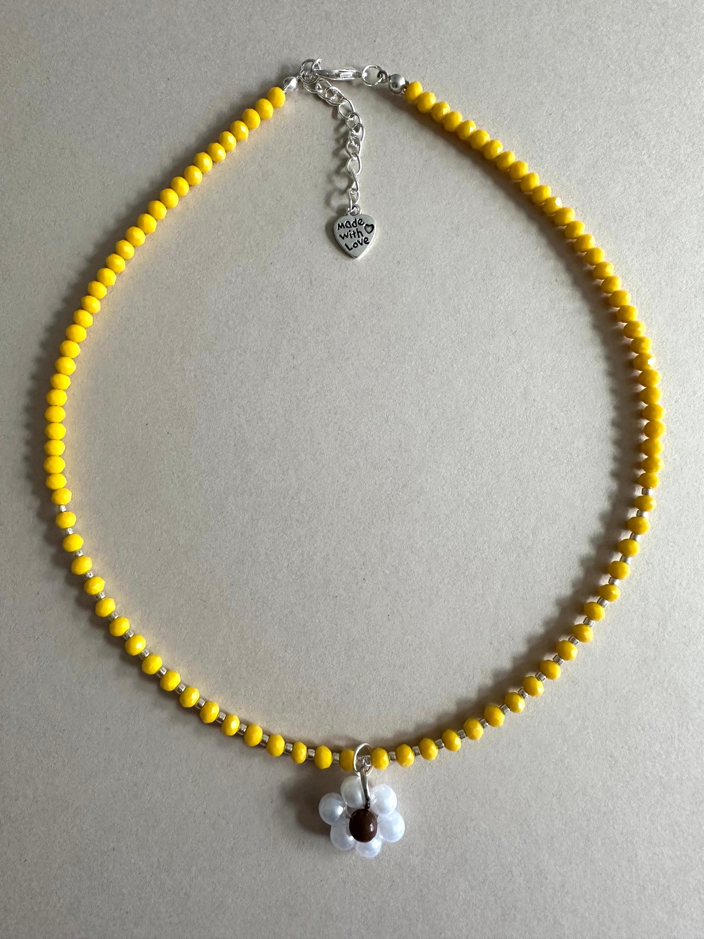 Yellow Dream handmade necklace with yellow glass beads and white pearl flower pendant