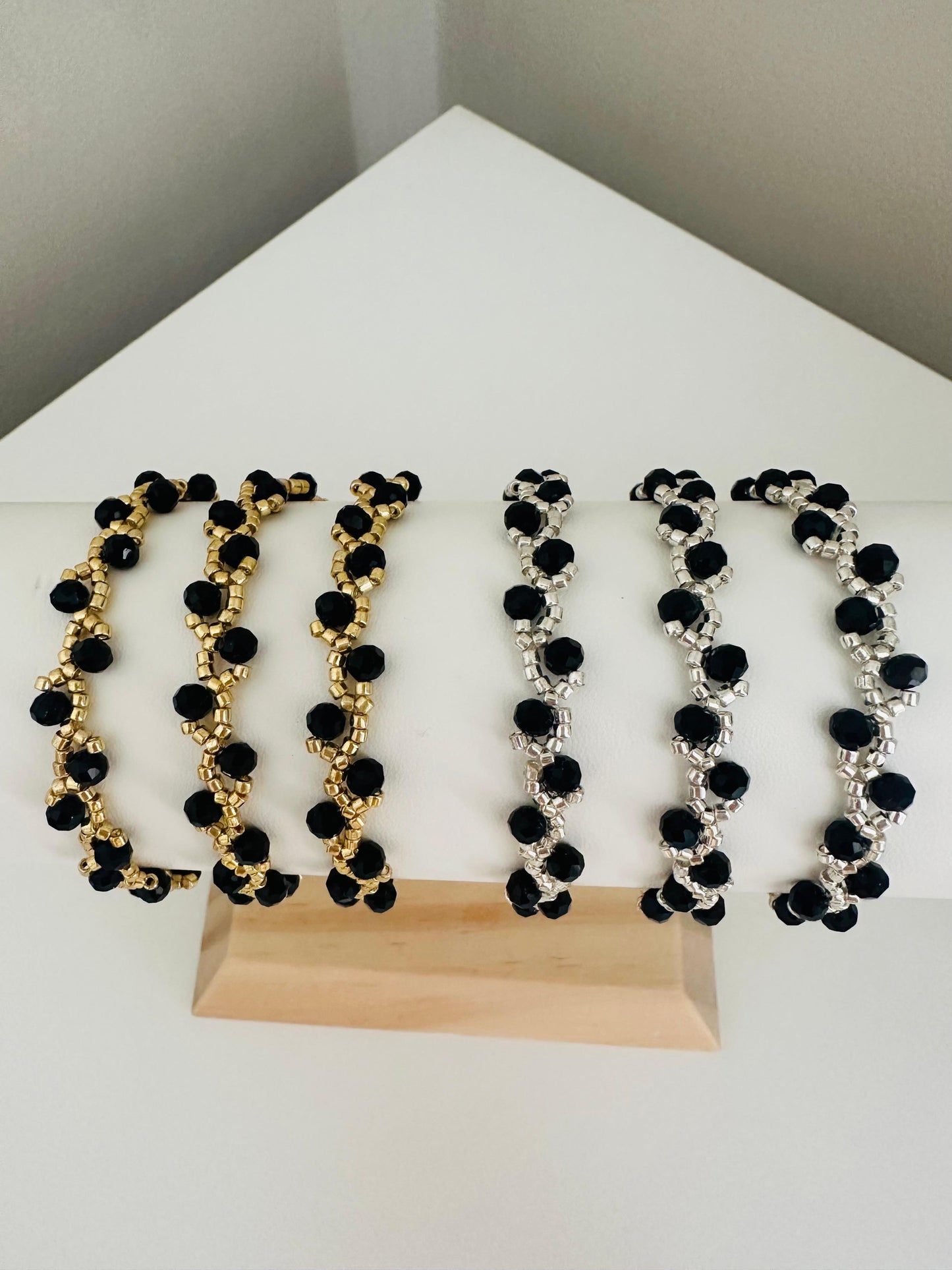 Handmade MIDNIGHT ROMANCE bracelet with black glass beads and silver or gold accents