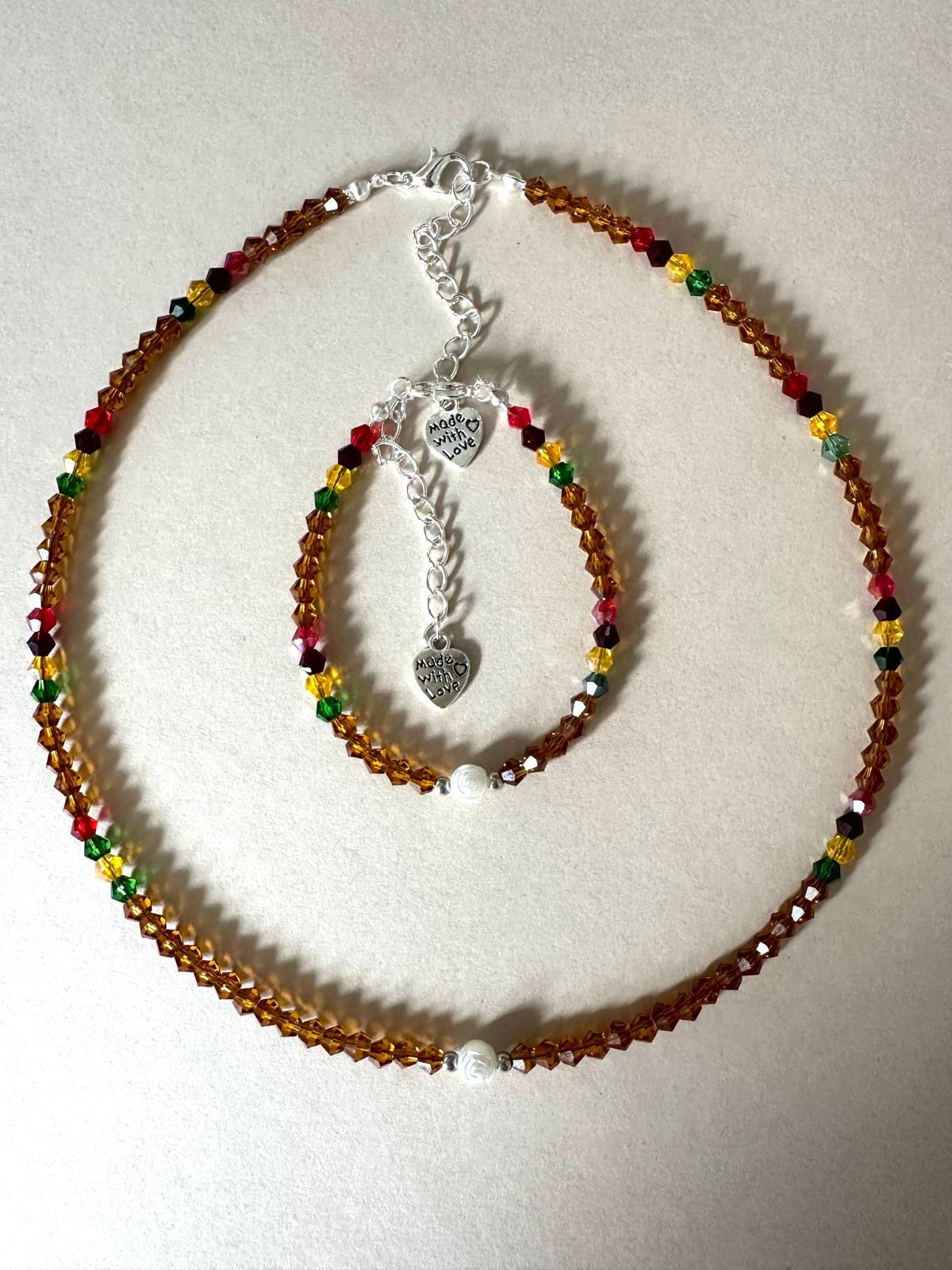 Handmade AMBER ELEGANCE bracelet with multicolored crystal beads, silver accents, and white rose faux pearl on stainless steel chain