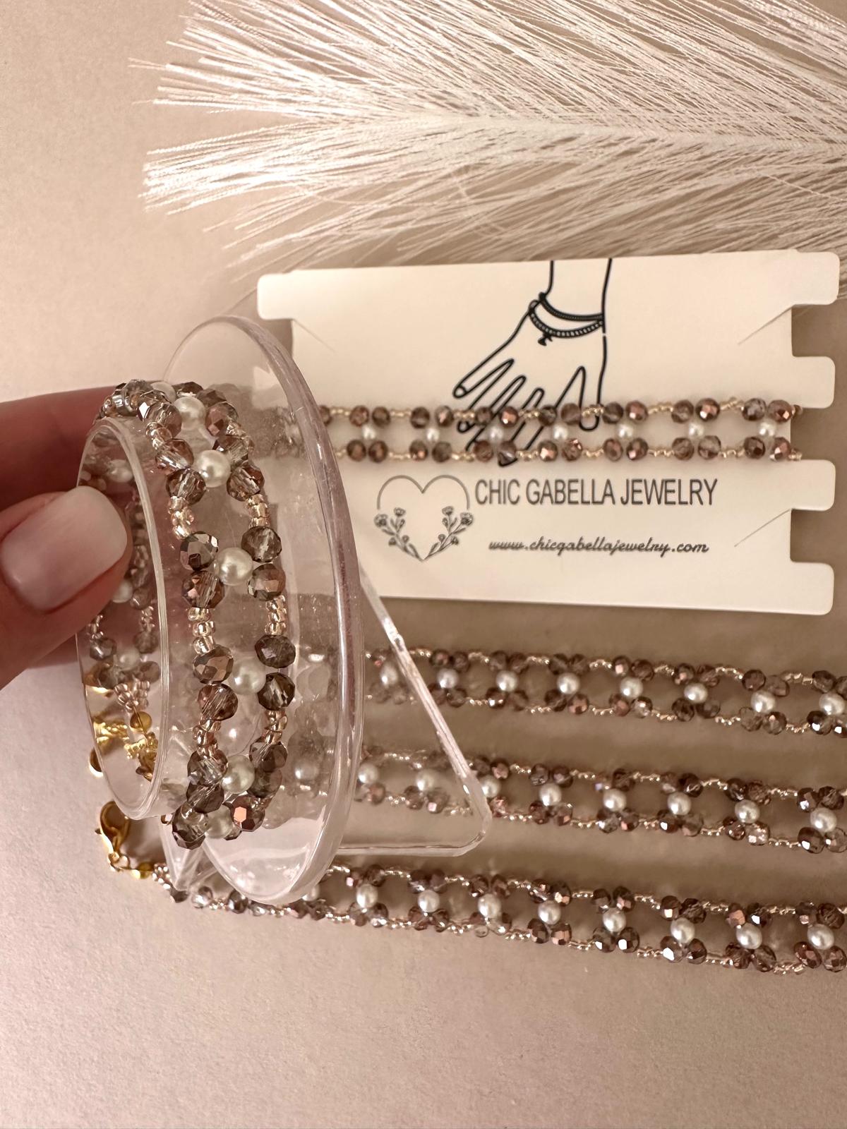 Handmade BRONZED BLISS bracelet with bronze beige crystal beads, golden Miyuki beads, and white faux pearls on gold-plated stainless steel chain