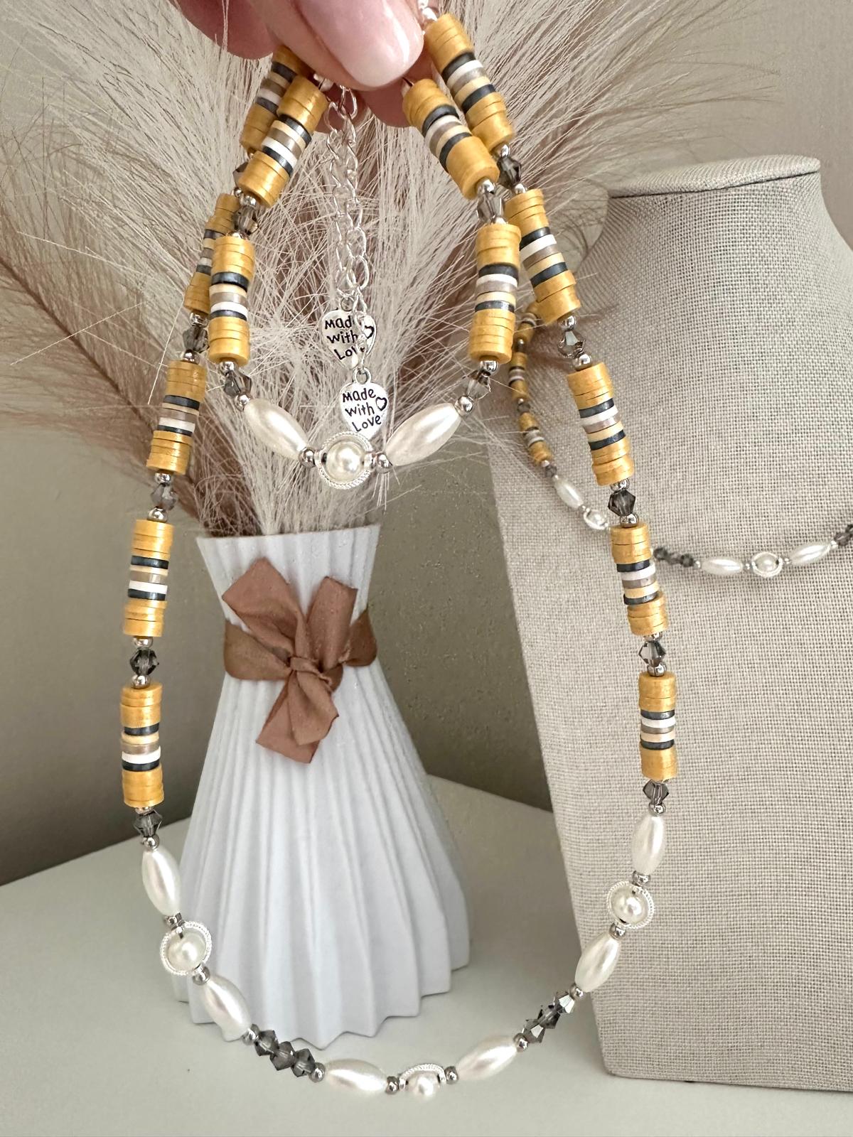 Handmade PEARLY VERDANT DREAMS bracelet with ivory pearls, gray crystal beads, and polymer clay accents