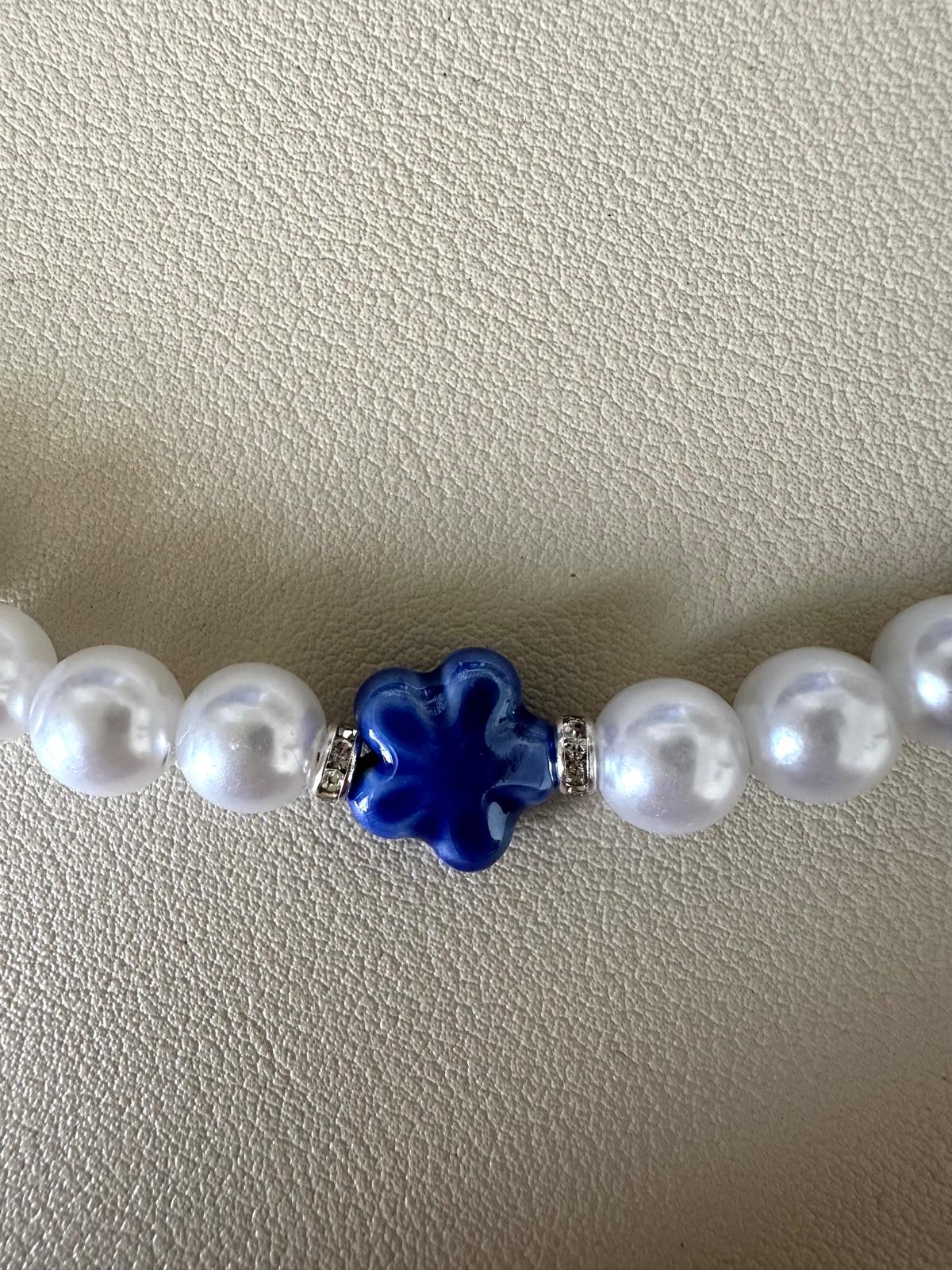 Handmade DREAMY PEARL GARLAND necklace with white faux pearls, silver rhinestones, and blue ceramic flower bead