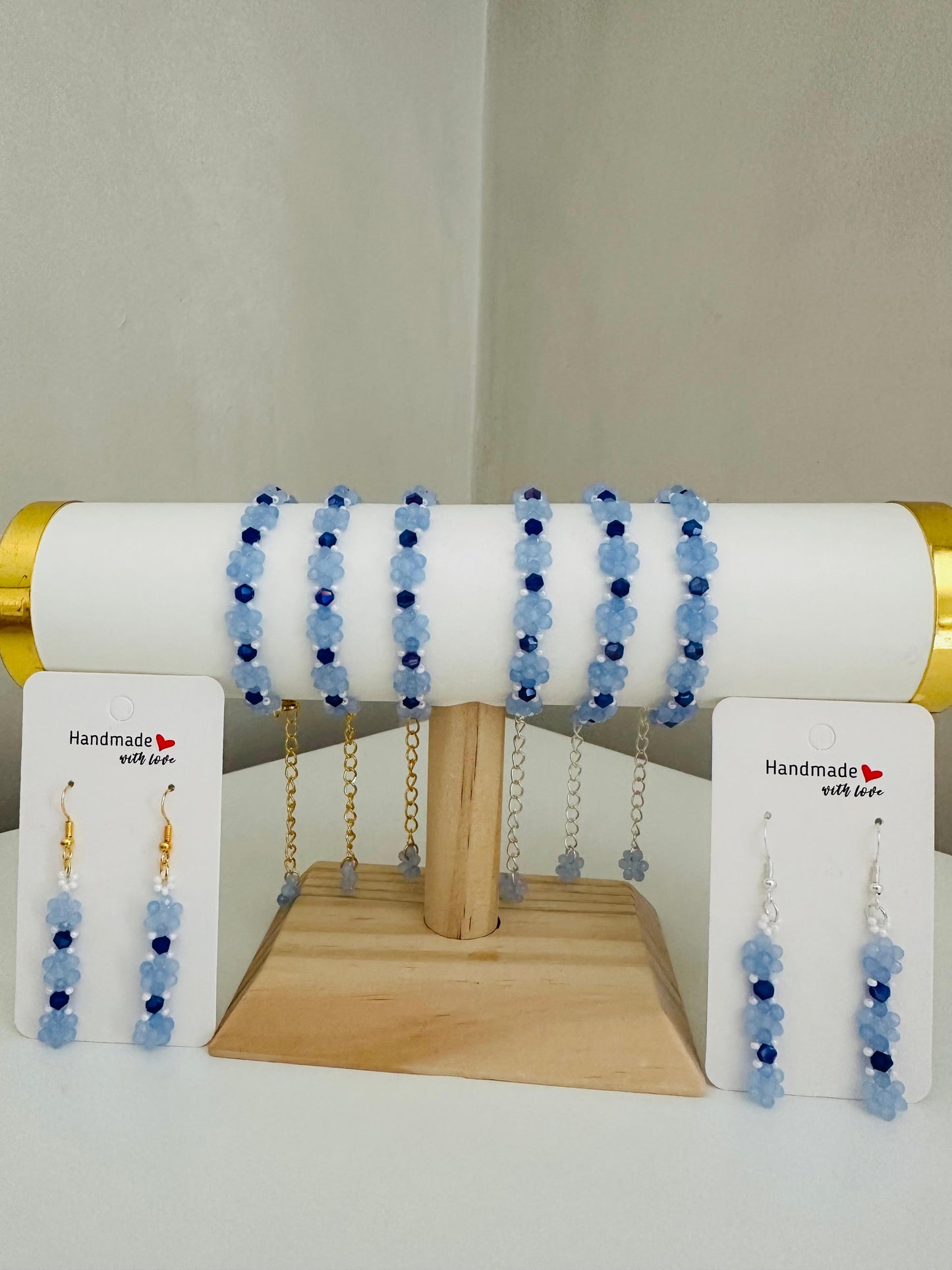 Handmade OCEAN PETALS bracelet with blue and indigo glass beads, silver or gold clasp options