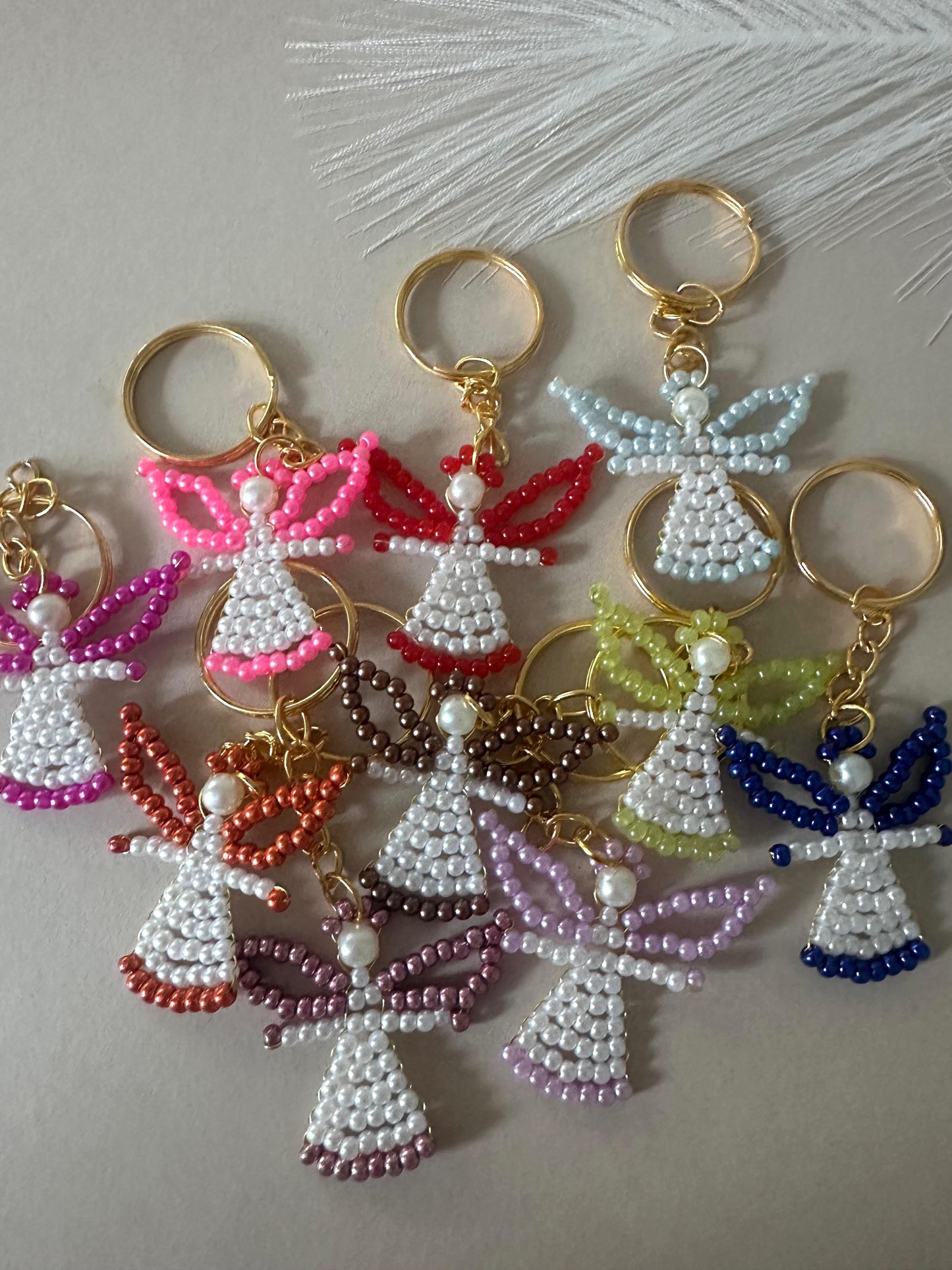Handmade ANGEL golden keychain with white pearls and colorful glass beads for keys and bags
