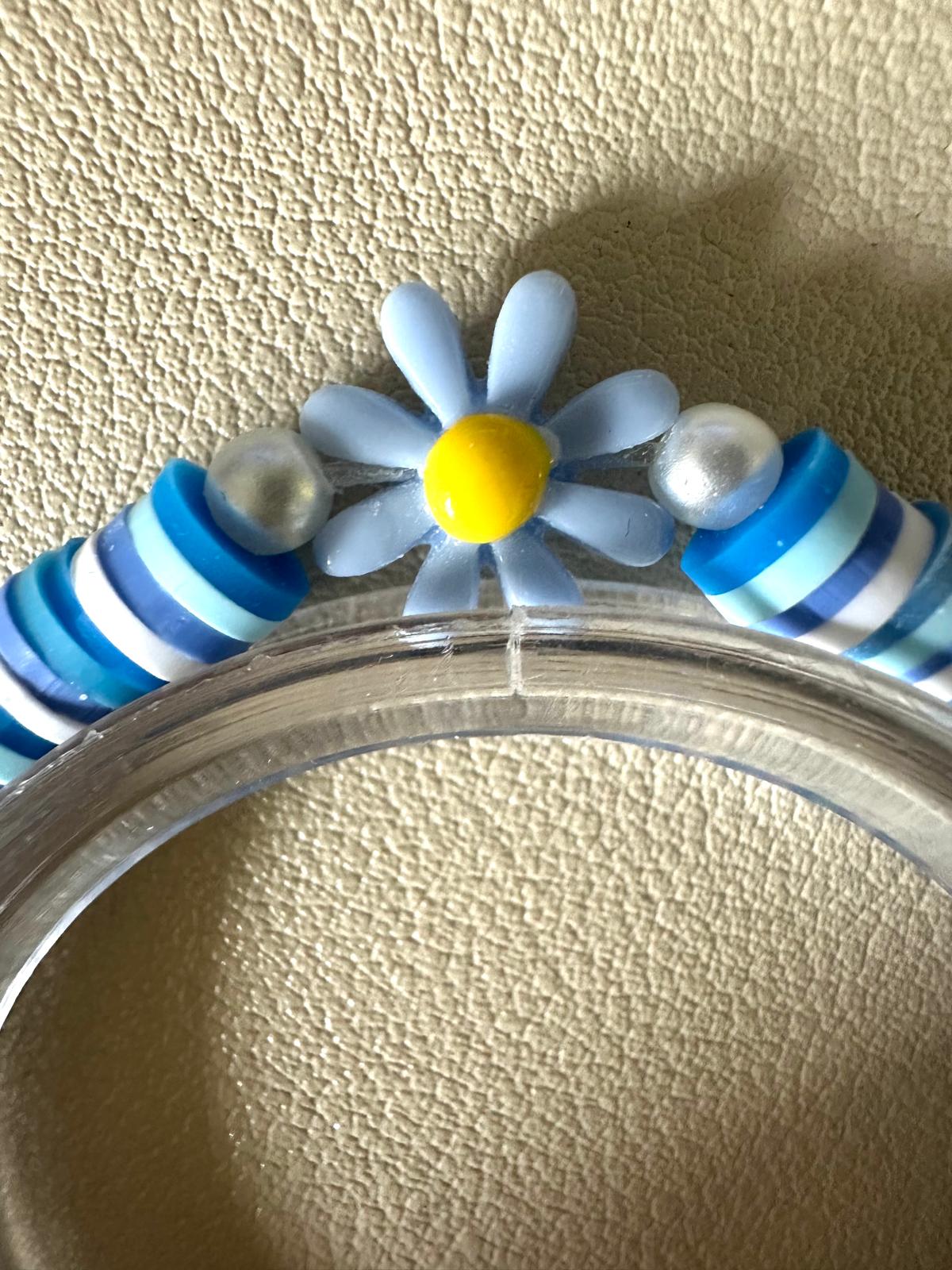 AQUA BLOSSOM stretch bracelet with blue and white polymer clay beads, faux pearls, and flower-shaped bead on elastic band