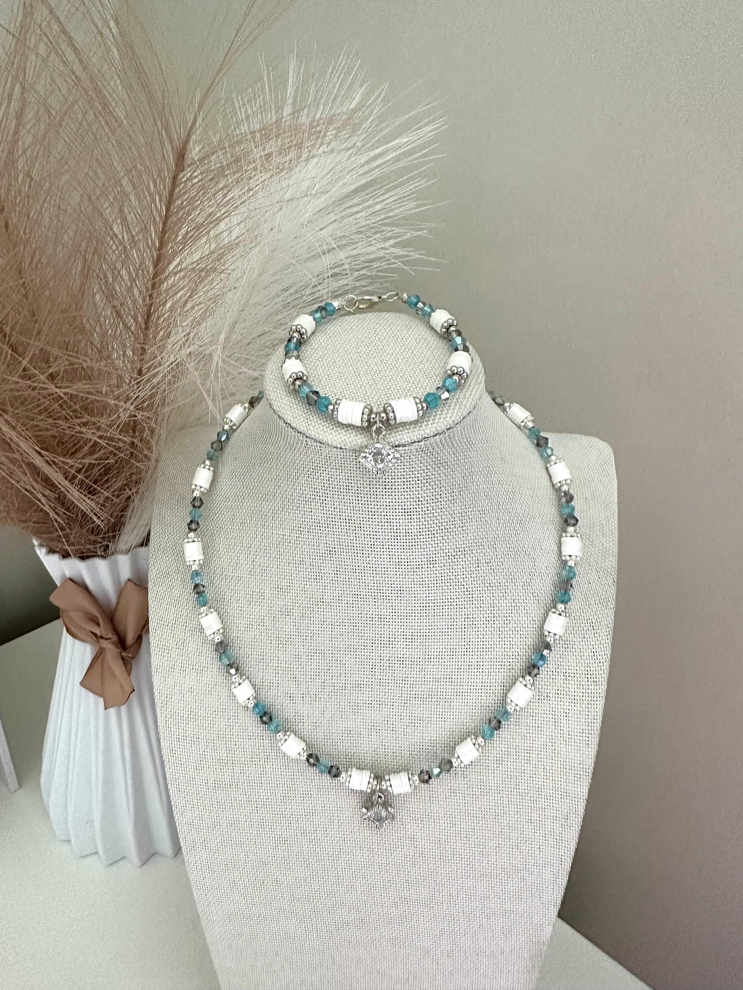 SOFT HARMONY handmade necklace with grey and turquoise beads and silver accents