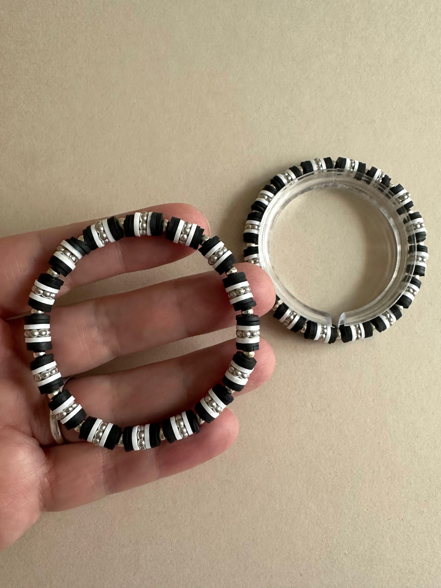 ARCTIC NIGHT Stretch Bracelet with black and white polymer clay and silver beads on elastic band