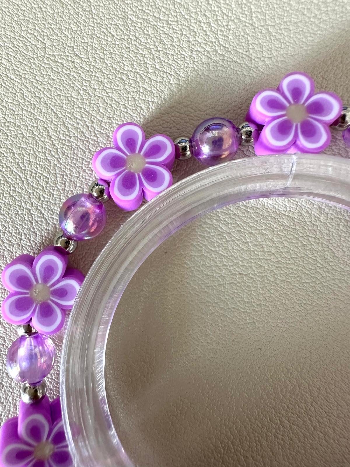 LOVELY SPRING stretch bracelet with beads, silver accents, and polymer clay flowers on elastic band