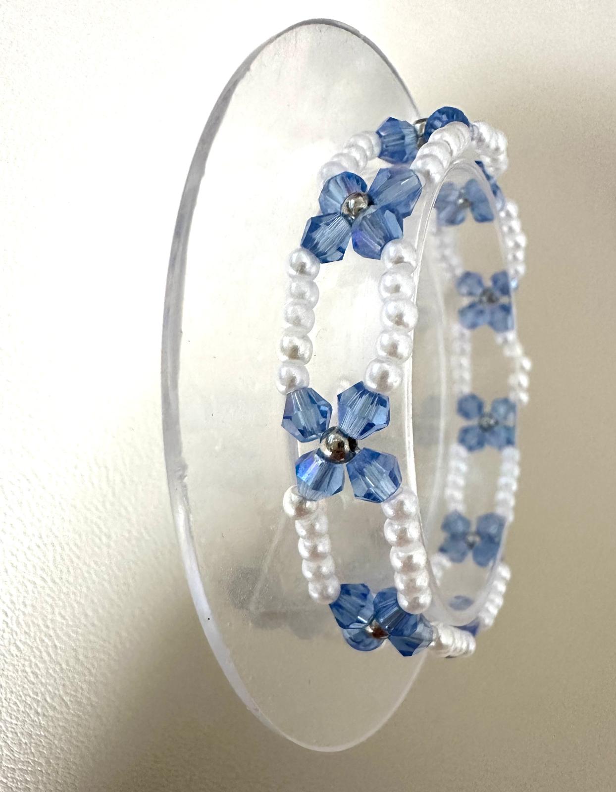 MARINE BREEZE stretch bracelet with white faux pearls, blue crystal beads, and silver accents on elastic band