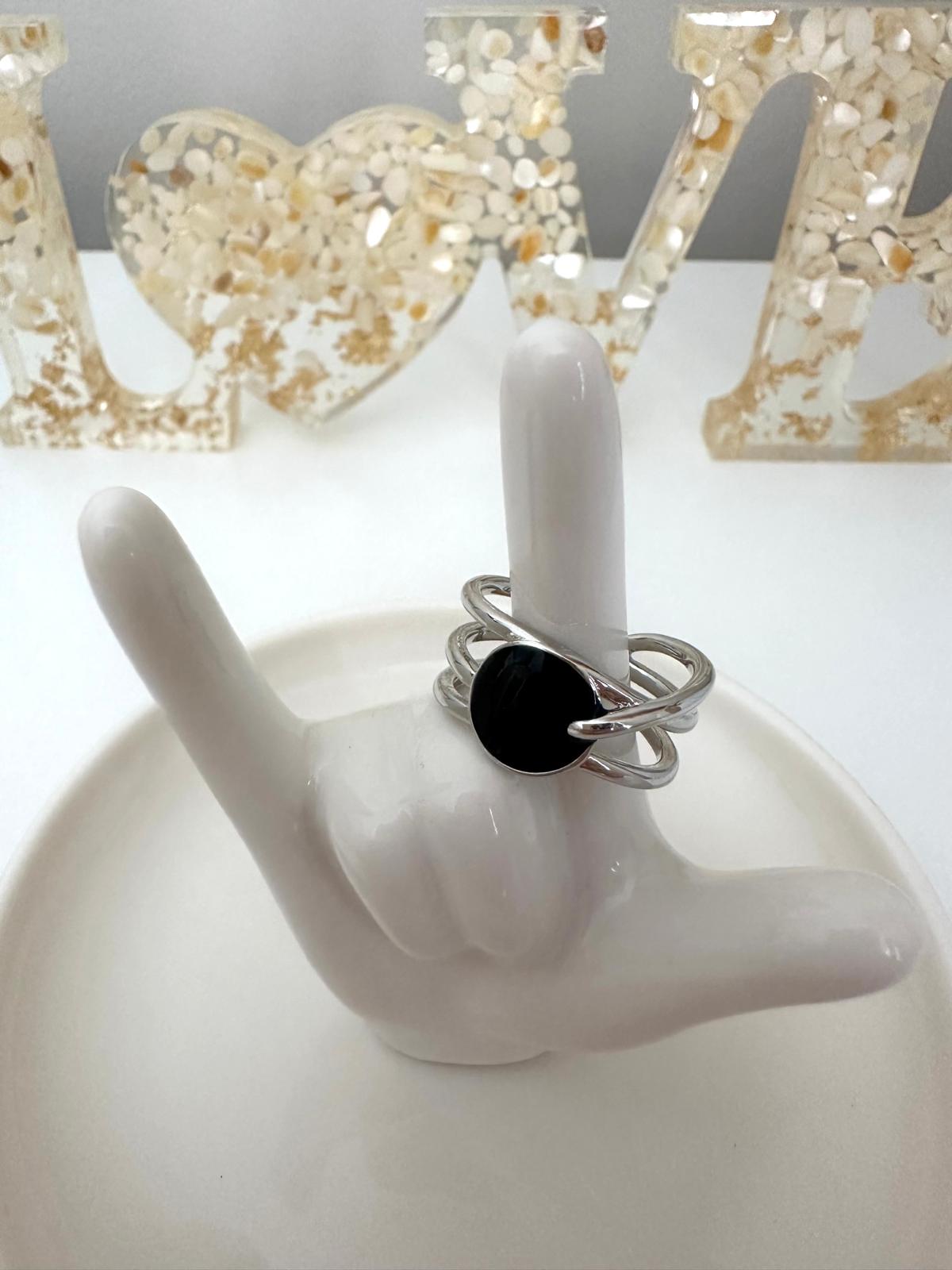 Midnight Eclipse stainless steel ring with black stone and multi band design