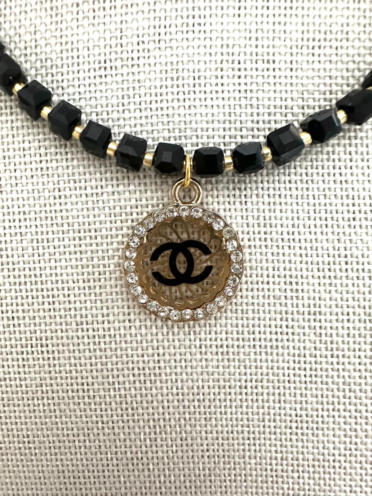 Handmade LUXE PEARL CUBES necklace with black cube beads, white faux pearls, and gold accents