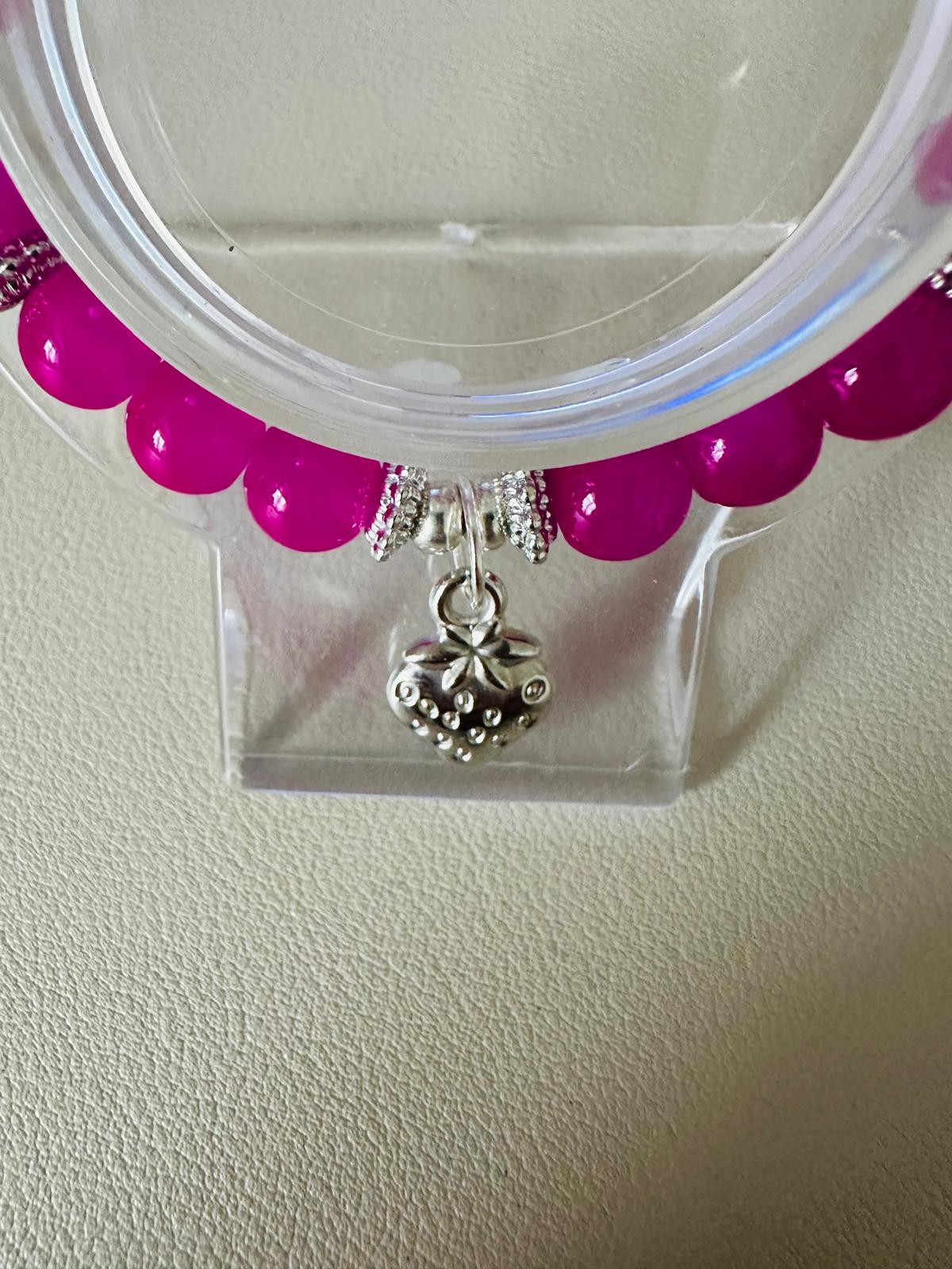 STRAWBERRY DREAMS stretch bracelet with fuchsia glass beads and silver strawberry charm