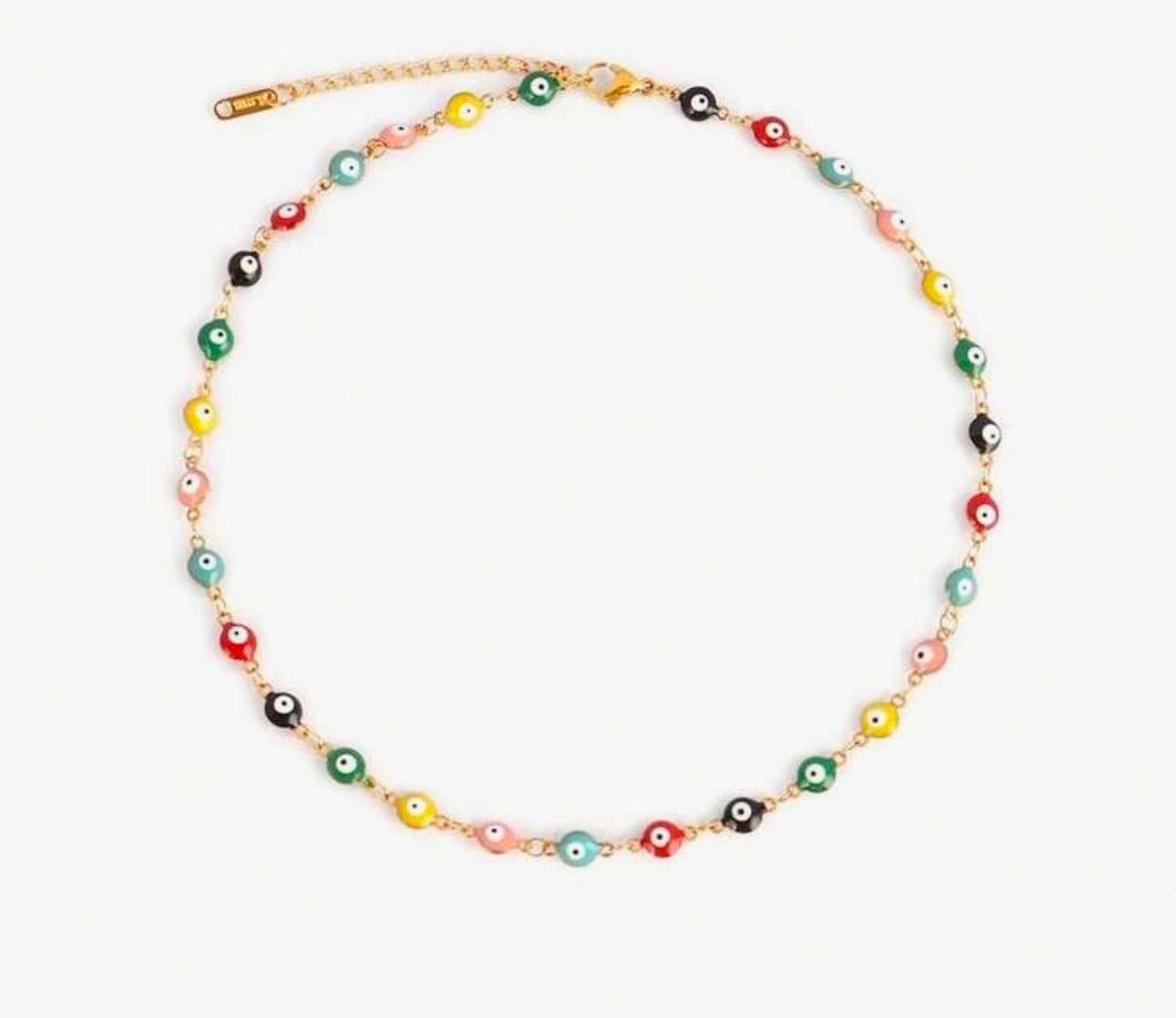 Colorful Evil Eye beads stainless steel necklace with multicolored protective beads on delicate chain