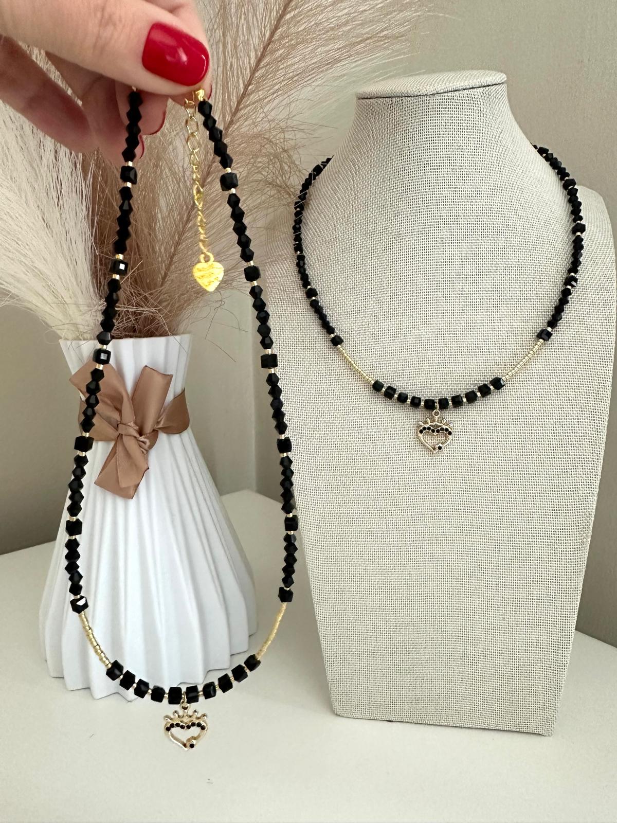 Handmade MIDNIGHT PASSION necklace with black crystal and golden heart pendant on 18K gold plated chain