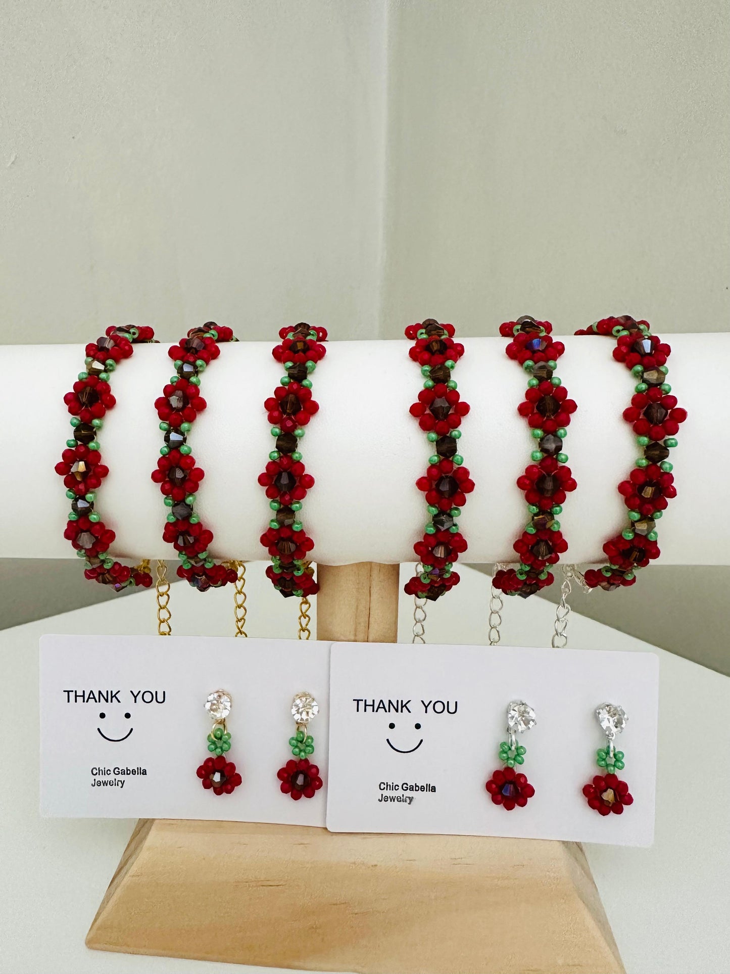 Handmade RED BLOSSOM bracelet with red, brown, and green beads, gold or silver finish, elegant and stylish accessory