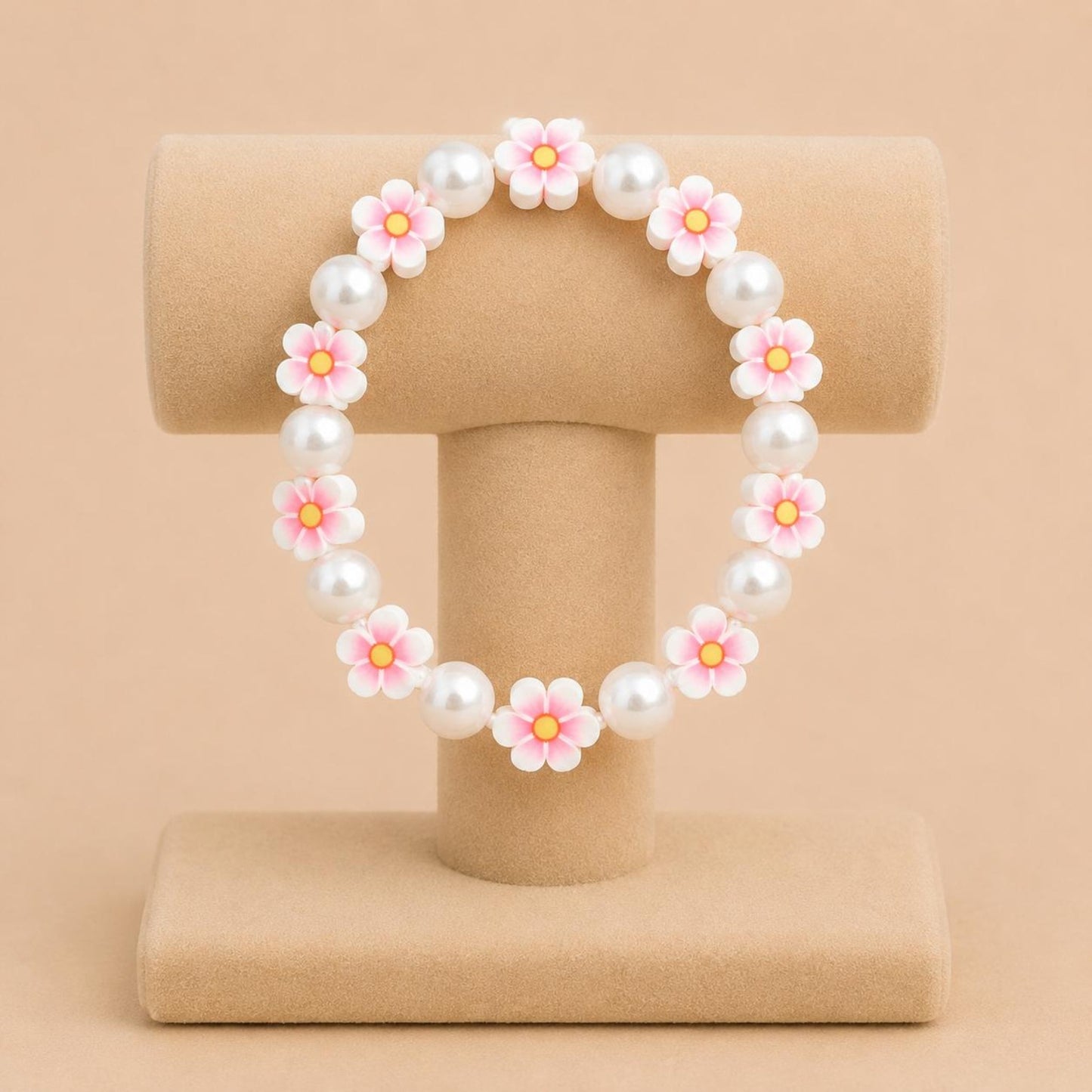 Pink Bloom Pearl stretch bracelet with faux pearls and flower beads on elastic band