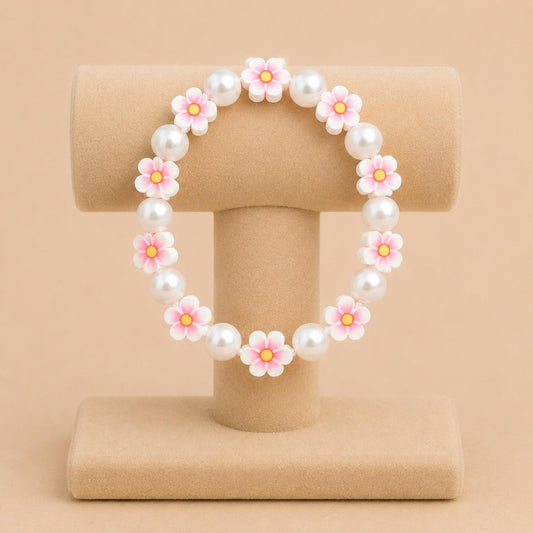 Pink Bloom Pearl stretch bracelet with faux pearls and flower beads on elastic band